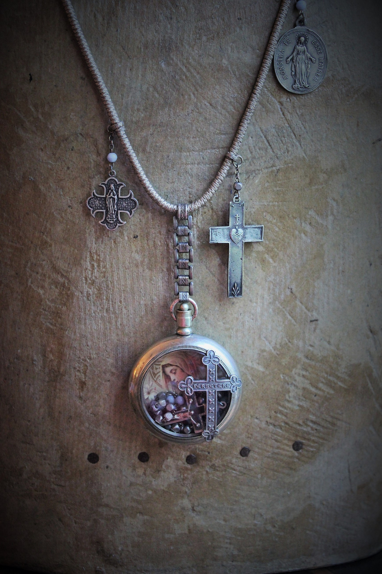 Most Loving Mother Necklace with Antique Watch Locket,Antique French Rosary,French Sacred Heart Cross & Medals, Antique Real Metal Trim Wrapped Chain