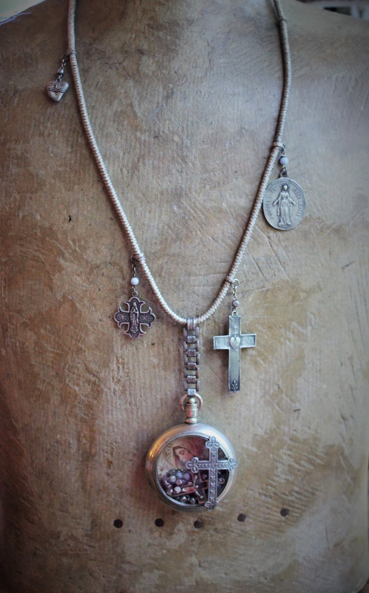 Most Loving Mother Necklace with Antique Watch Locket,Antique French Rosary,French Sacred Heart Cross & Medals, Antique Real Metal Trim Wrapped Chain