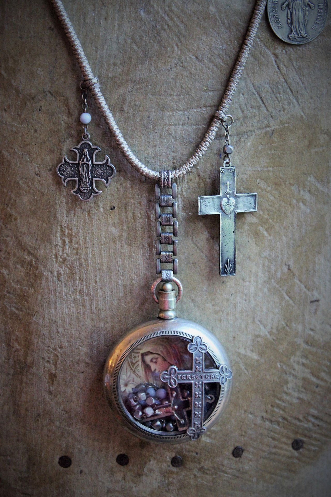 Most Loving Mother Necklace with Antique Watch Locket,Antique French Rosary,French Sacred Heart Cross & Medals, Antique Real Metal Trim Wrapped Chain