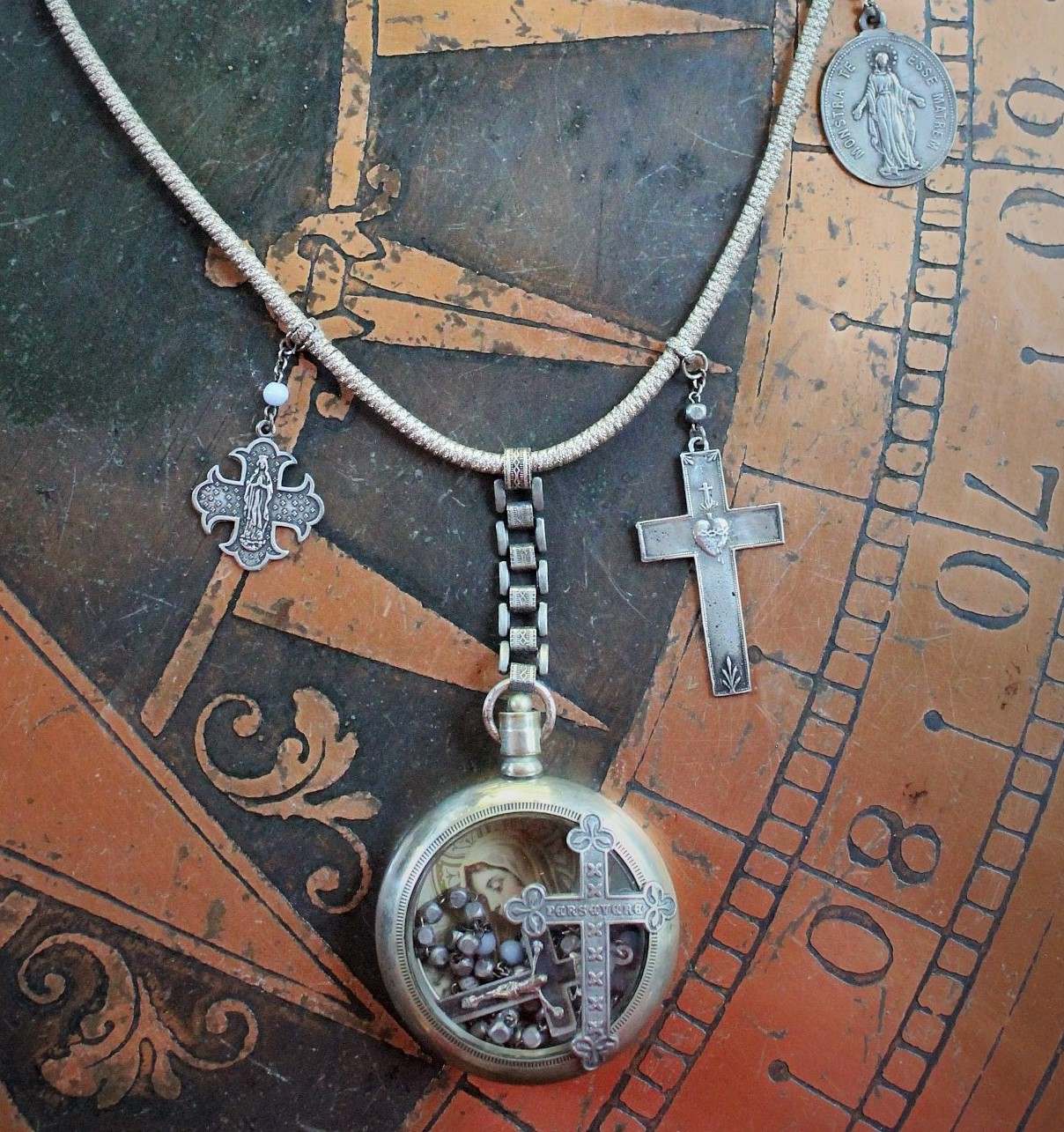 Most Loving Mother Necklace with Antique Watch Locket,Antique French Rosary,French Sacred Heart Cross & Medals, Antique Real Metal Trim Wrapped Chain