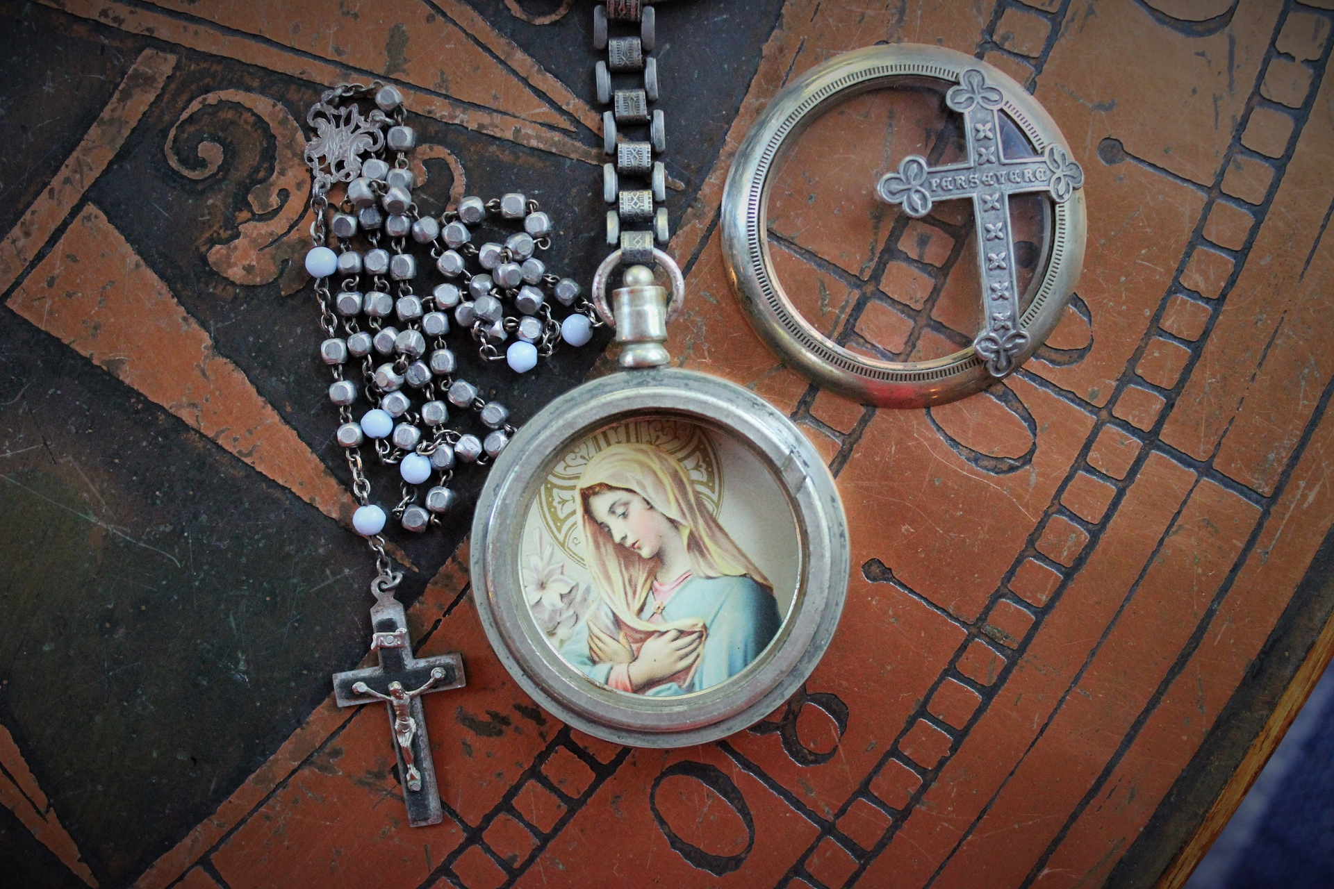 Most Loving Mother Necklace with Antique Watch Locket,Antique French Rosary,French Sacred Heart Cross & Medals, Antique Real Metal Trim Wrapped Chain