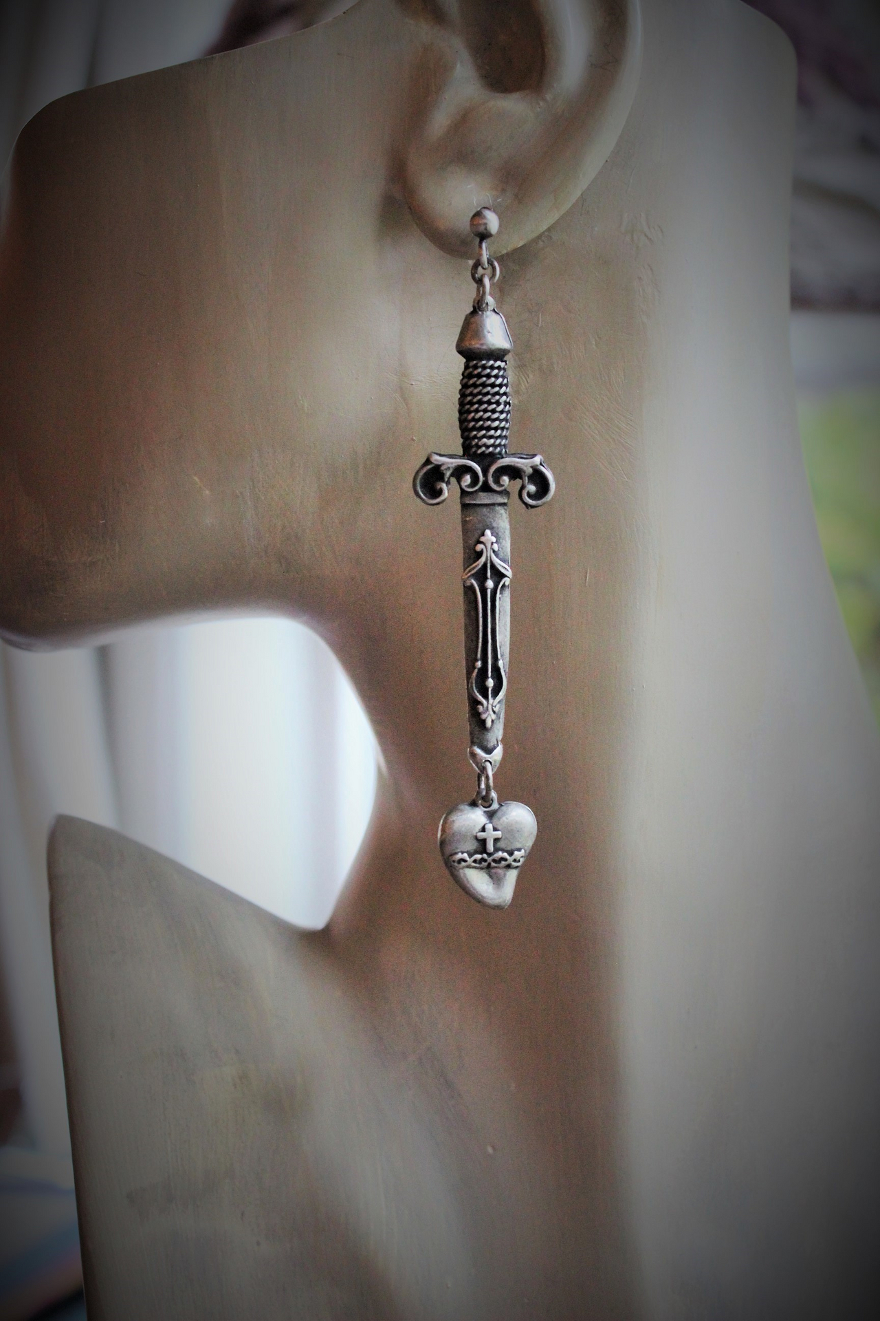 NEW! The Sword of Love Earrings with French Sword & Heart Medals, Sterling Posts