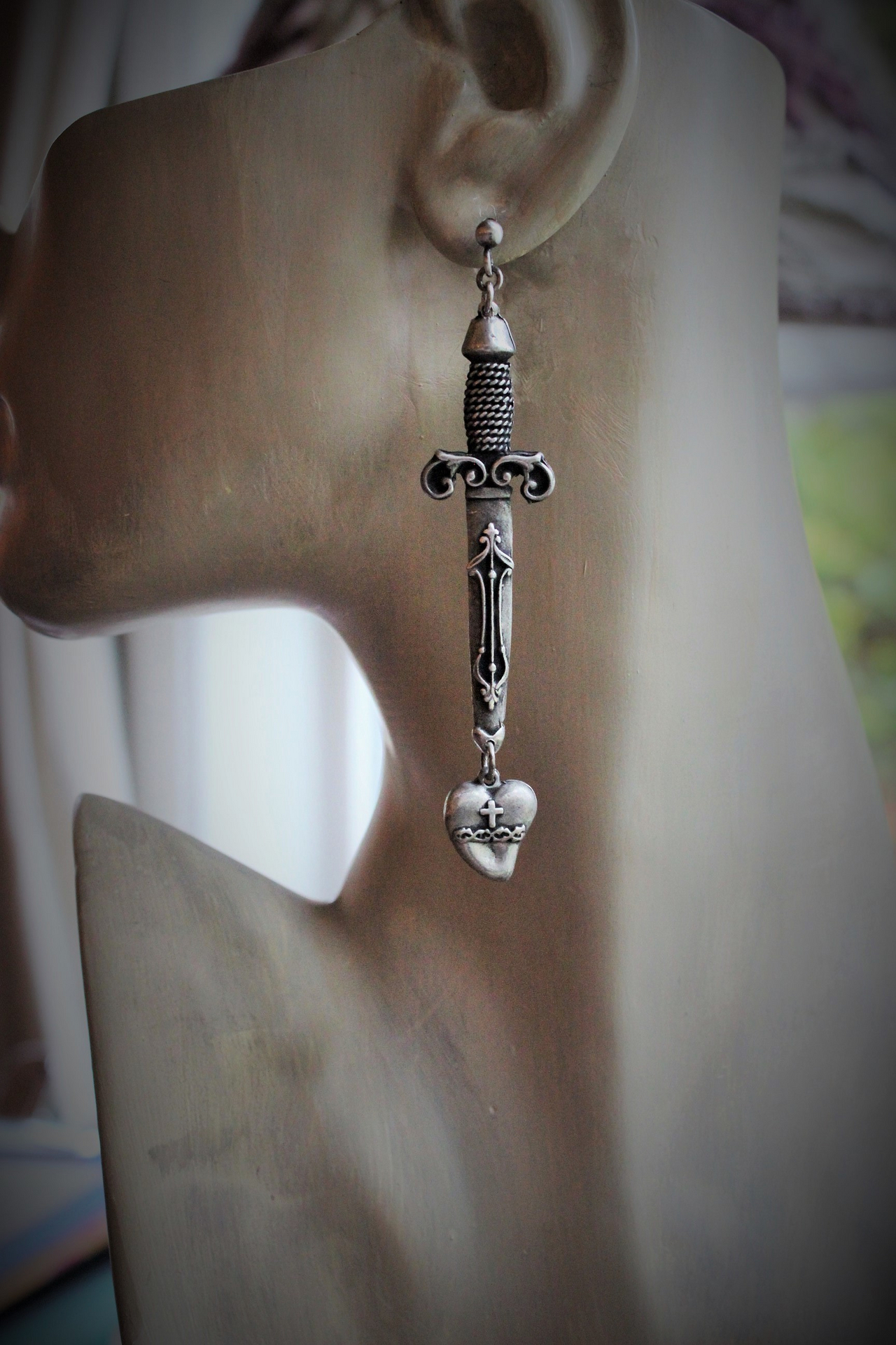 NEW! The Sword of Love Earrings with French Sword & Heart Medals, Sterling Posts