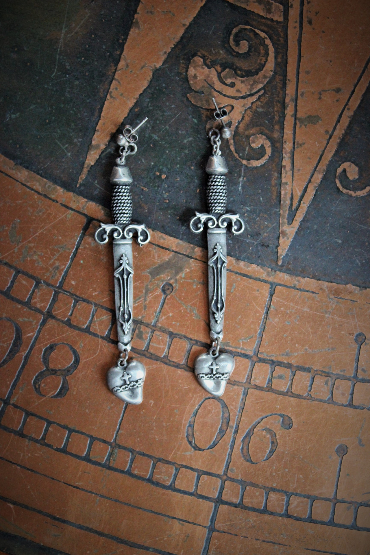NEW! The Sword of Love Earrings with French Sword & Heart Medals, Sterling Posts