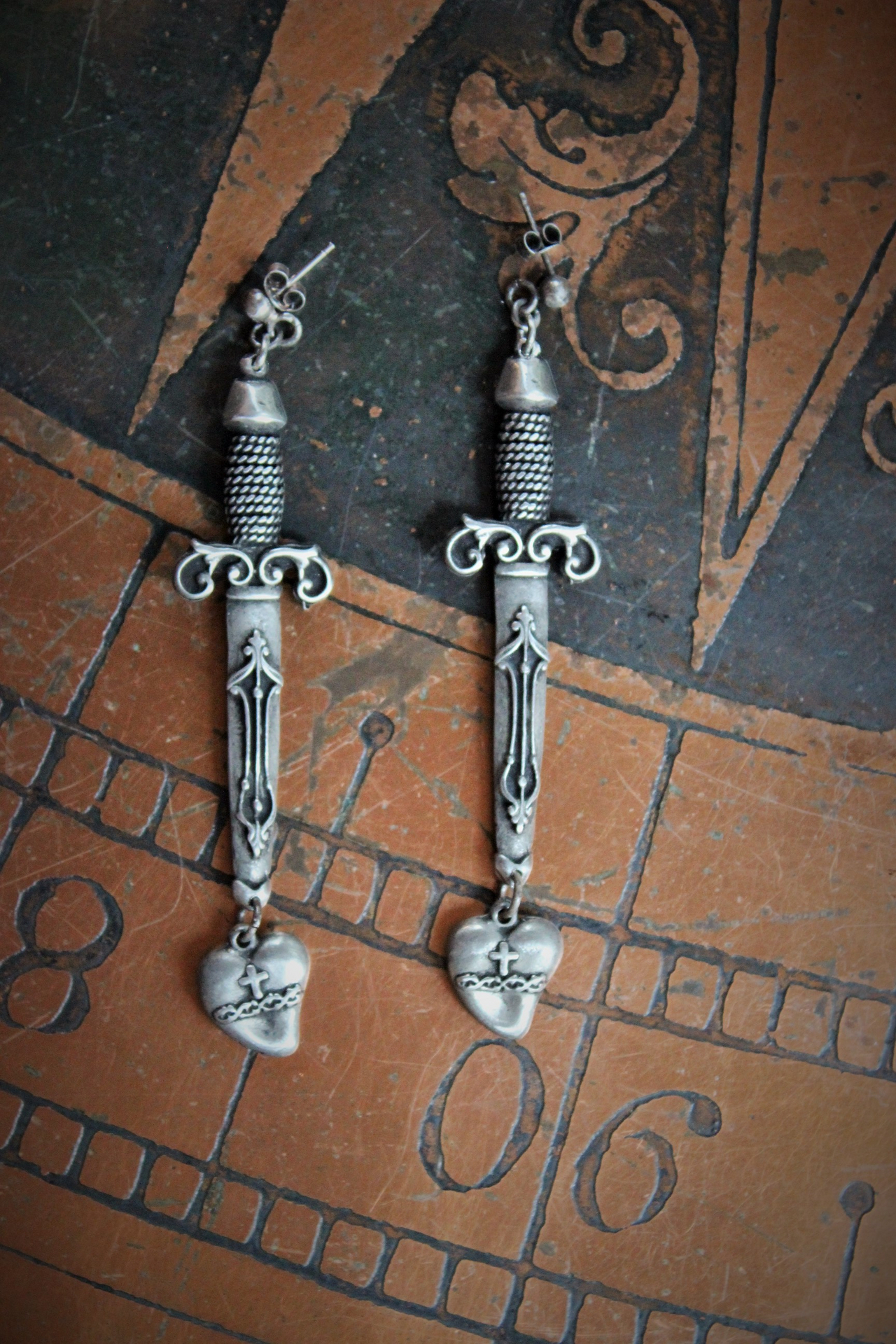 NEW! The Sword of Love Earrings with French Sword & Heart Medals, Sterling Posts