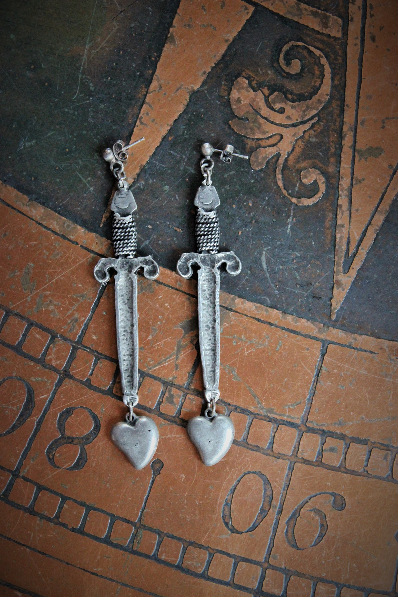 NEW! The Sword of Love Earrings with French Sword & Heart Medals, Sterling Posts