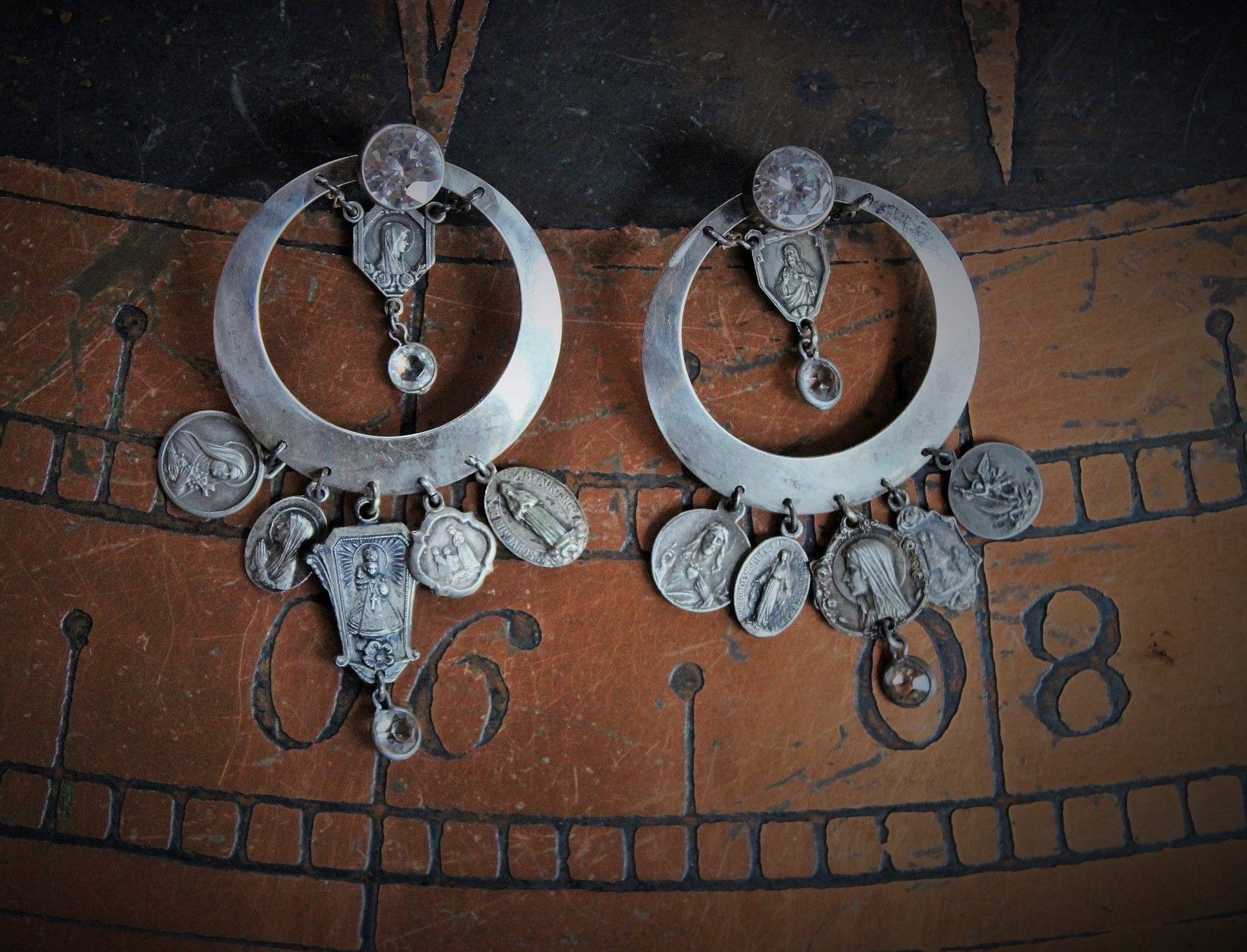 NEW! Sterling Hoop Earrings with Rock Crystals,12 Antique French Medals,4 Antique Bezel Set Faceted Crystals