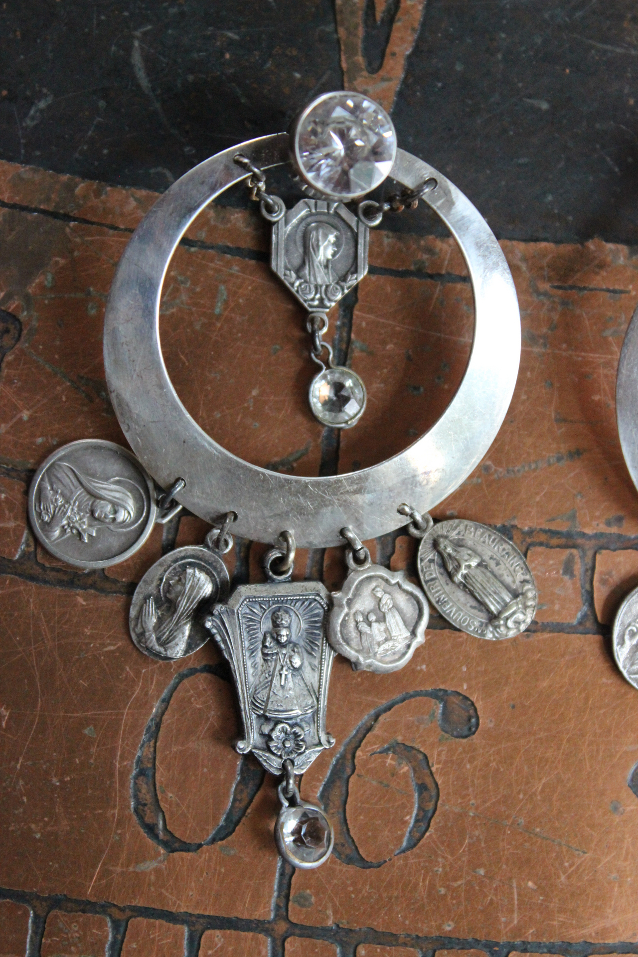 NEW! Sterling Hoop Earrings with Rock Crystals,12 Antique French Medals,4 Antique Bezel Set Faceted Crystals