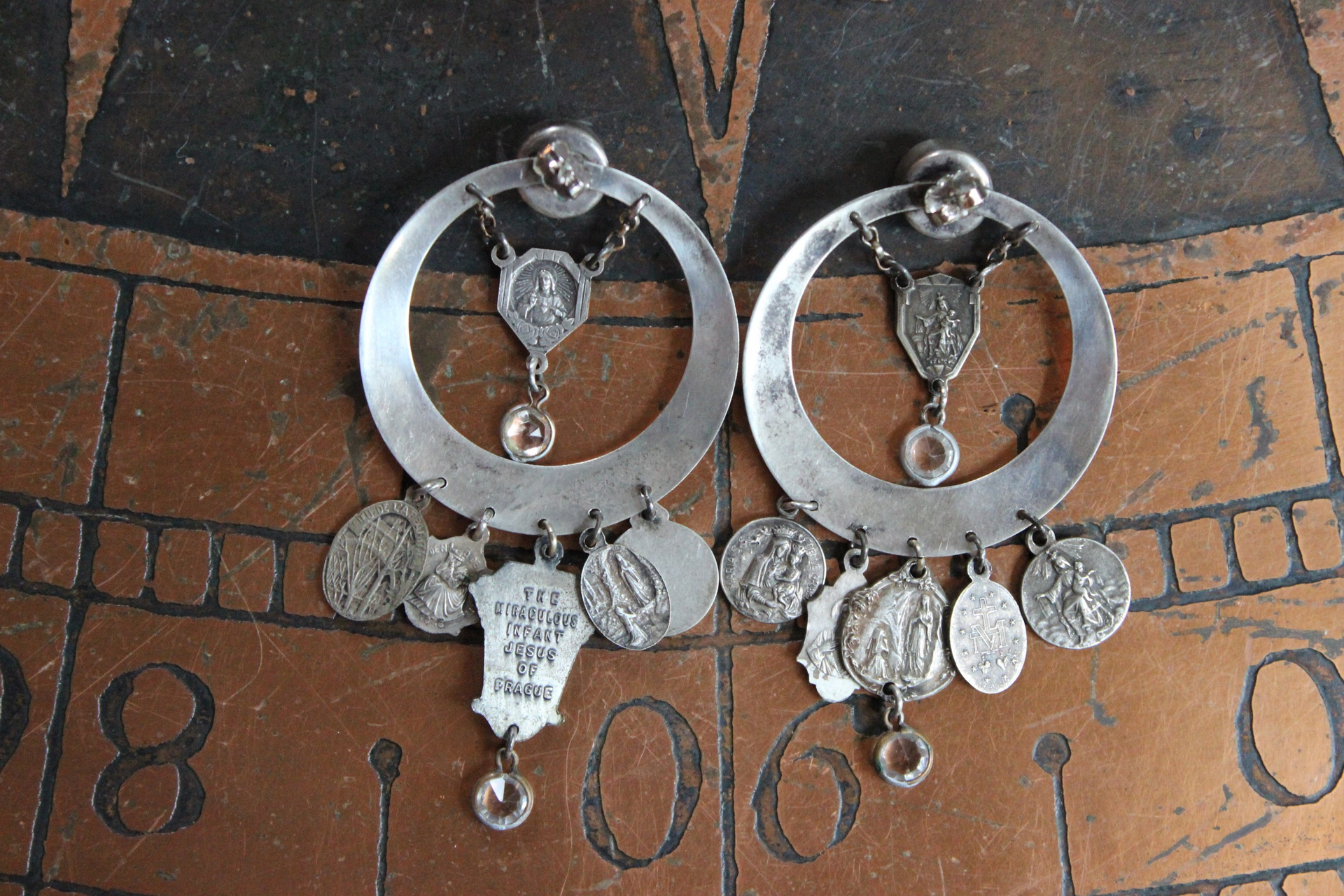 NEW! Sterling Hoop Earrings with Rock Crystals,12 Antique French Medals,4 Antique Bezel Set Faceted Crystals