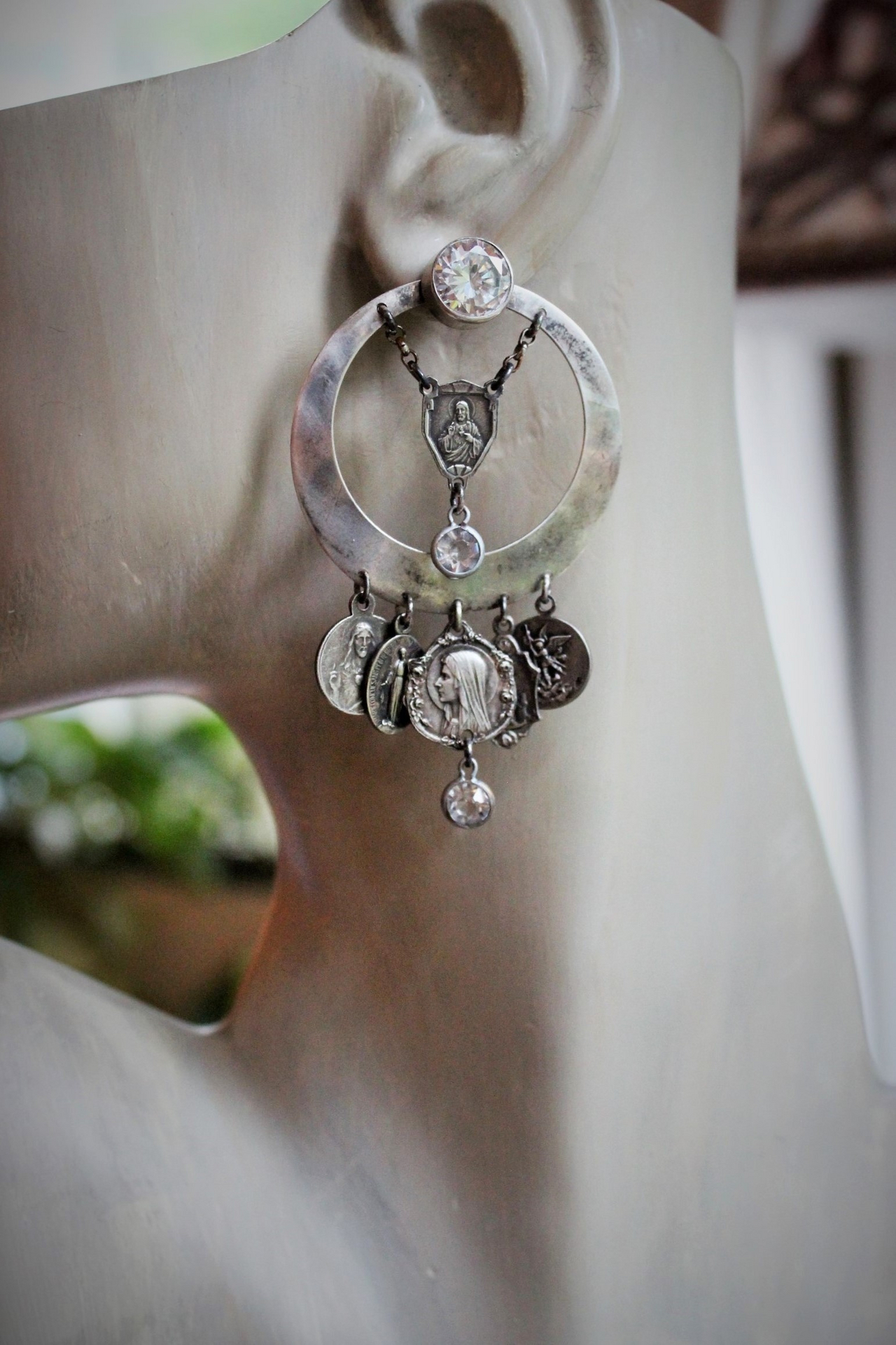 NEW! Sterling Hoop Earrings with Rock Crystals,12 Antique French Medals,4 Antique Bezel Set Faceted Crystals