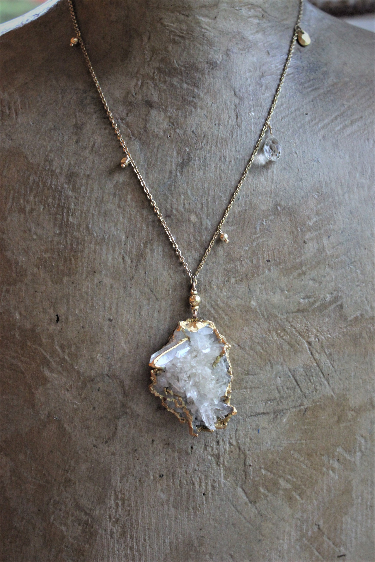 SOLD to J The Truth Necklace with Amazing Rock Quartz Cluster, Antique Faceted Tear Drop, Gold Fill Beads, Gold Fill Chain