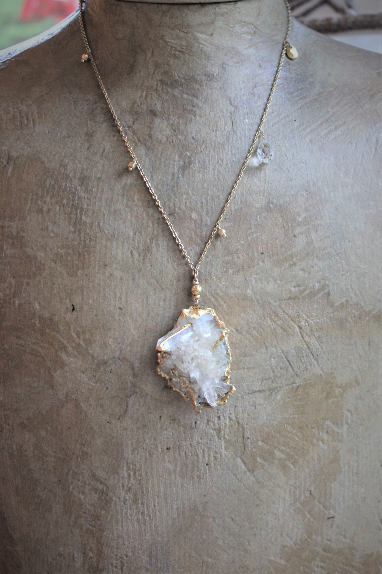 SOLD to J The Truth Necklace with Amazing Rock Quartz Cluster, Antique Faceted Tear Drop, Gold Fill Beads, Gold Fill Chain