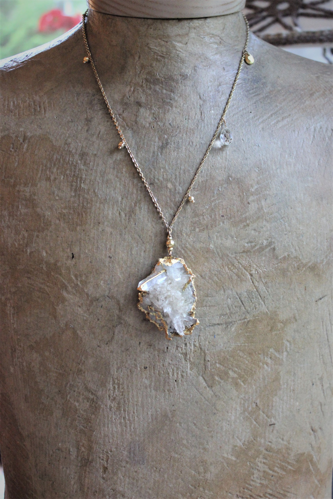 SOLD to J The Truth Necklace with Amazing Rock Quartz Cluster, Antique Faceted Tear Drop, Gold Fill Beads, Gold Fill Chain