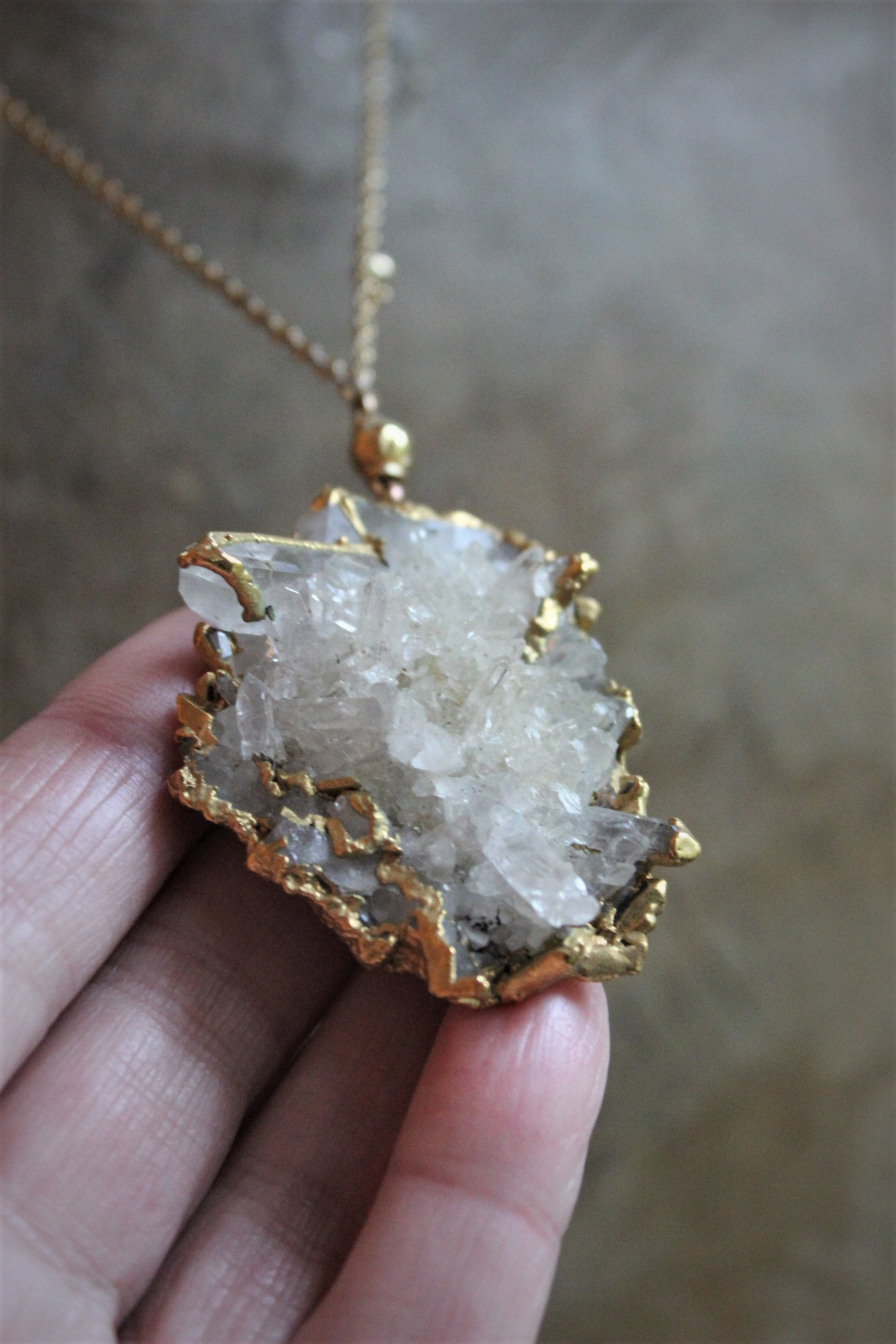 SOLD to J The Truth Necklace with Amazing Rock Quartz Cluster, Antique Faceted Tear Drop, Gold Fill Beads, Gold Fill Chain