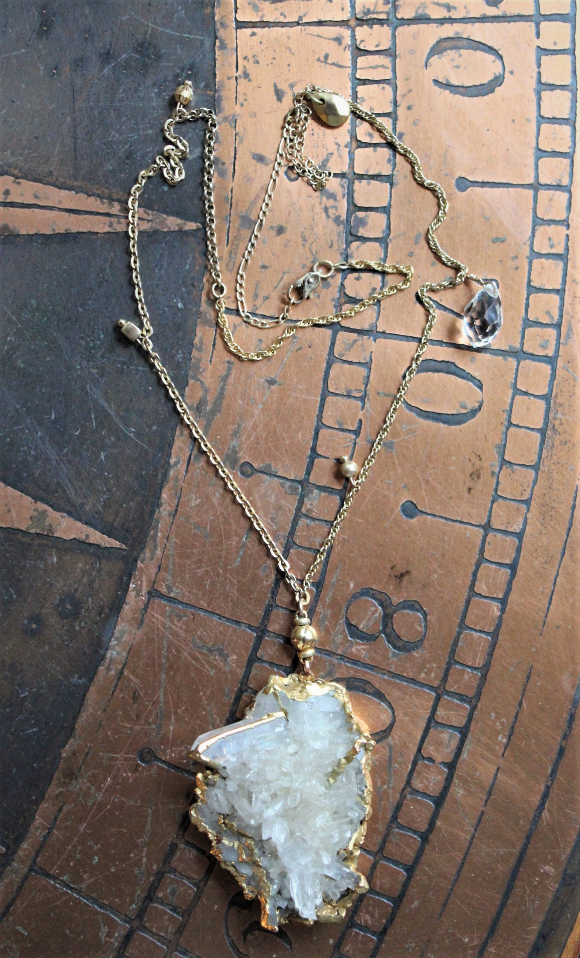 SOLD to J The Truth Necklace with Amazing Rock Quartz Cluster, Antique Faceted Tear Drop, Gold Fill Beads, Gold Fill Chain