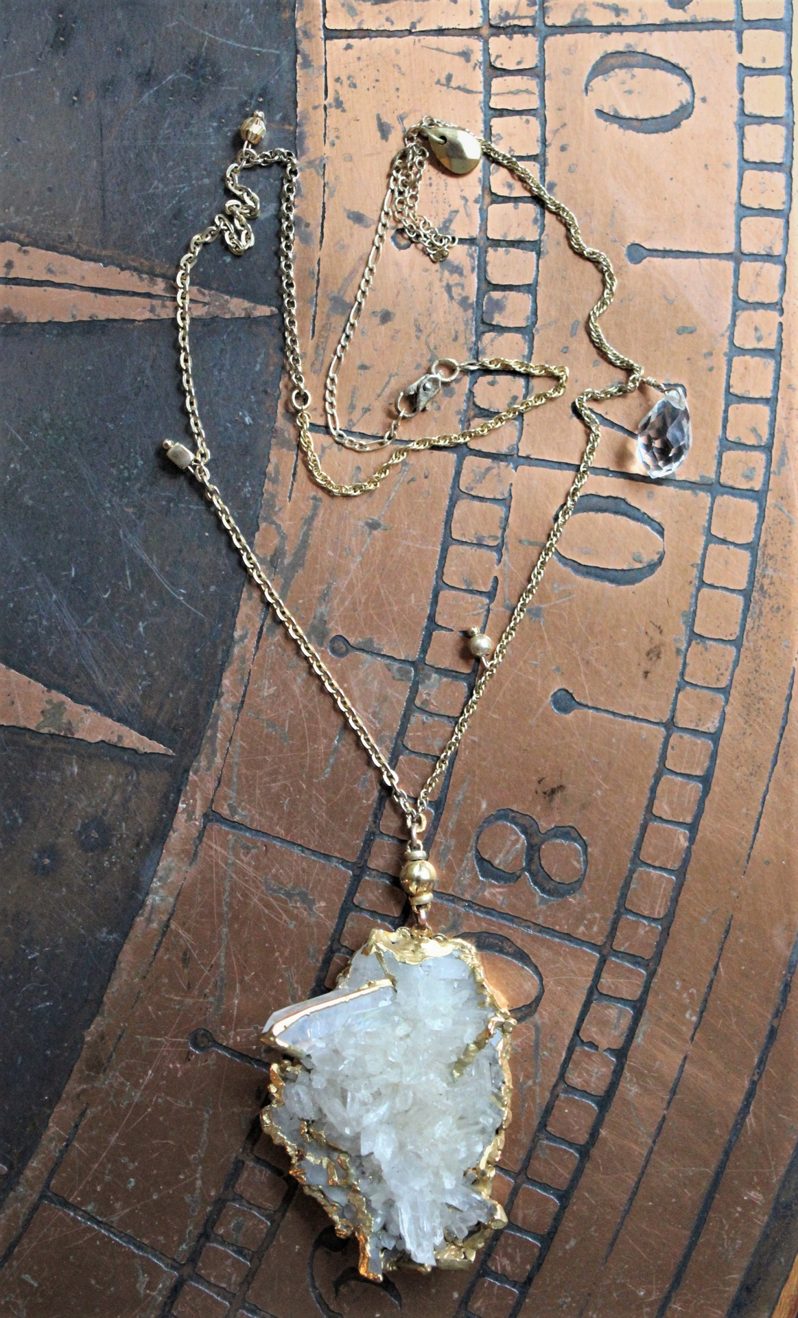 The Truth Necklace with Amazing Rock Quartz Cluster, Antique Faceted Tear Drop, Gold Fill Beads, Gold Fill Chain