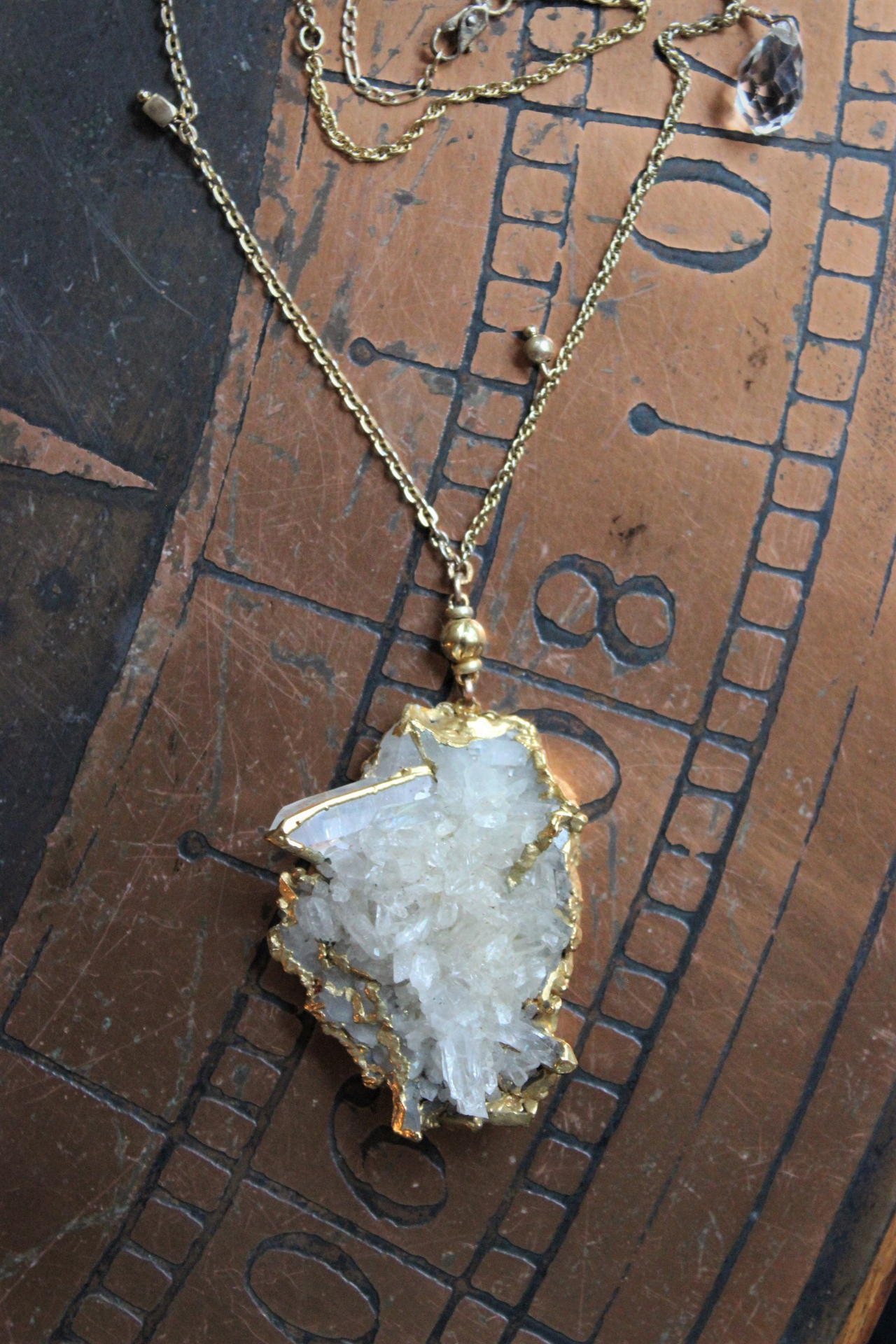 SOLD to J The Truth Necklace with Amazing Rock Quartz Cluster, Antique Faceted Tear Drop, Gold Fill Beads, Gold Fill Chain