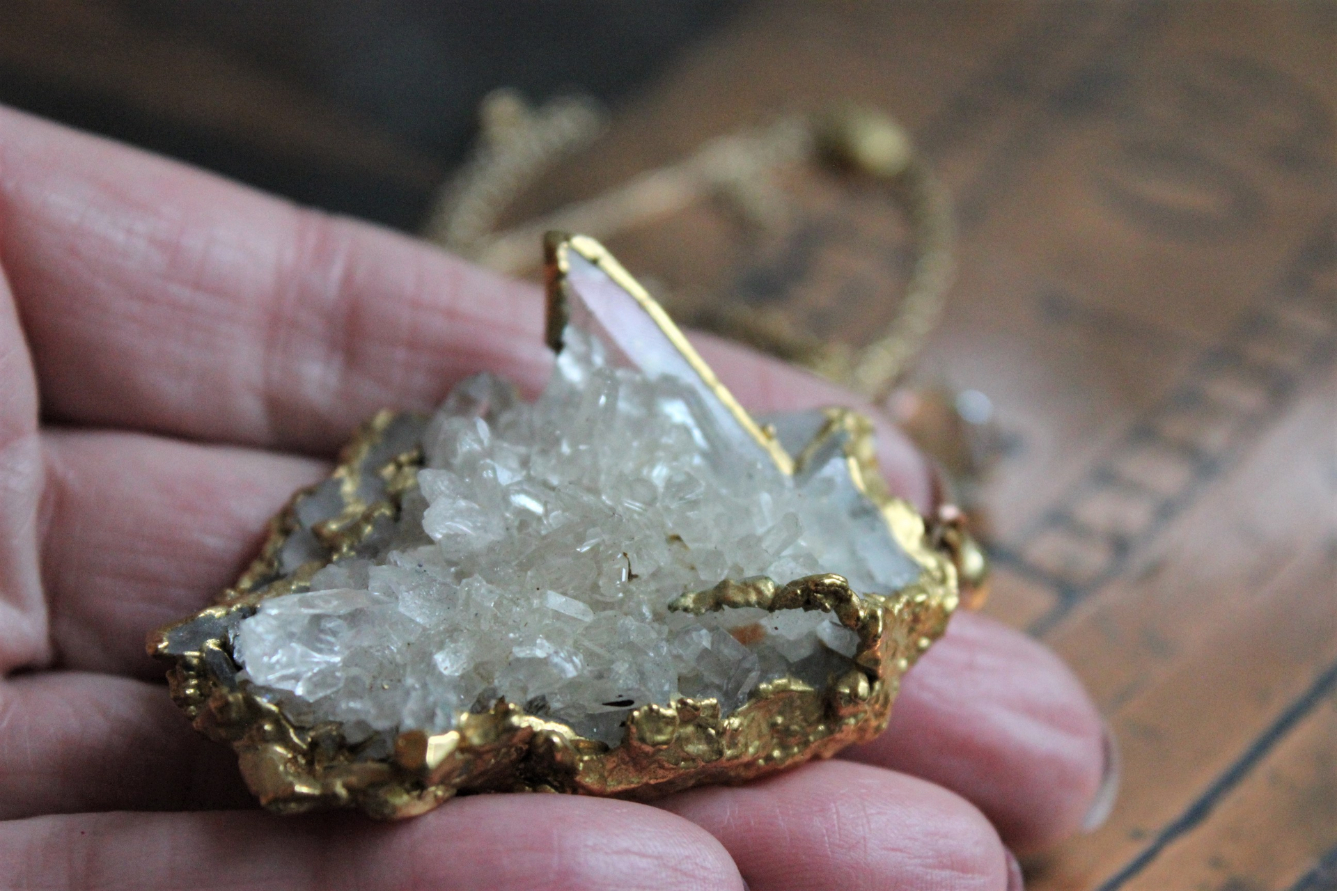 SOLD to J The Truth Necklace with Amazing Rock Quartz Cluster, Antique Faceted Tear Drop, Gold Fill Beads, Gold Fill Chain