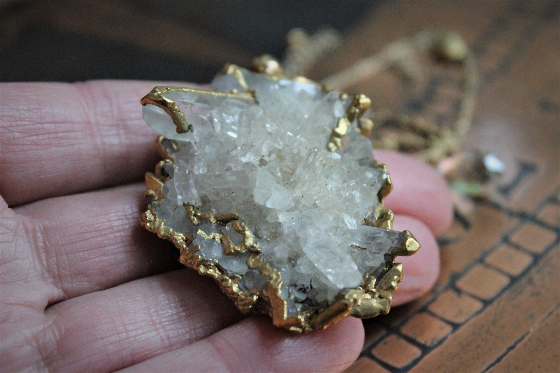 SOLD to J The Truth Necklace with Amazing Rock Quartz Cluster, Antique Faceted Tear Drop, Gold Fill Beads, Gold Fill Chain
