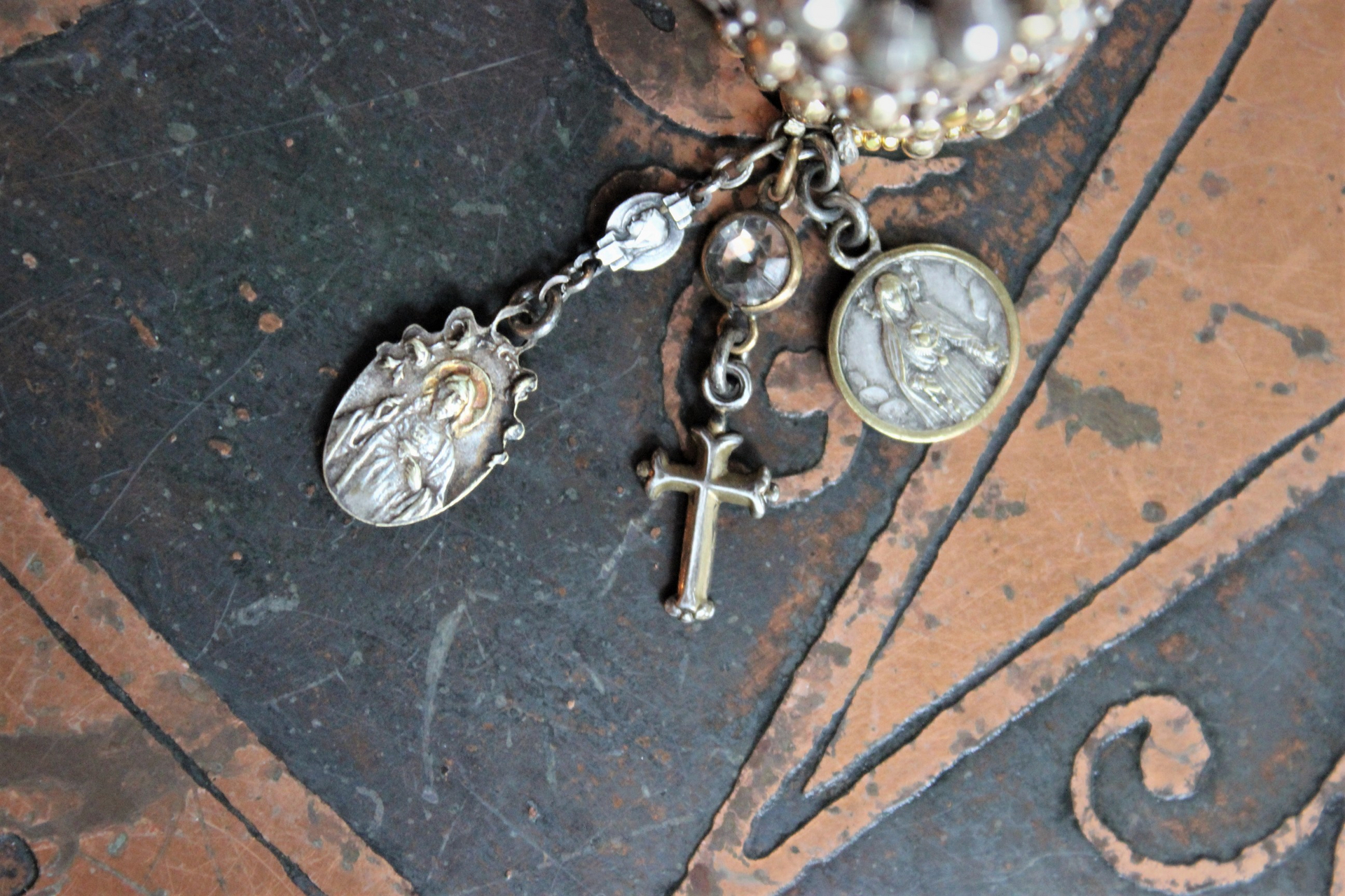 Wide 10 Coil Ring with 14K and Sterling Beads, Antique French Sacred Heart of Mary and Jesus Medals, Antique Sterling Cross & More!