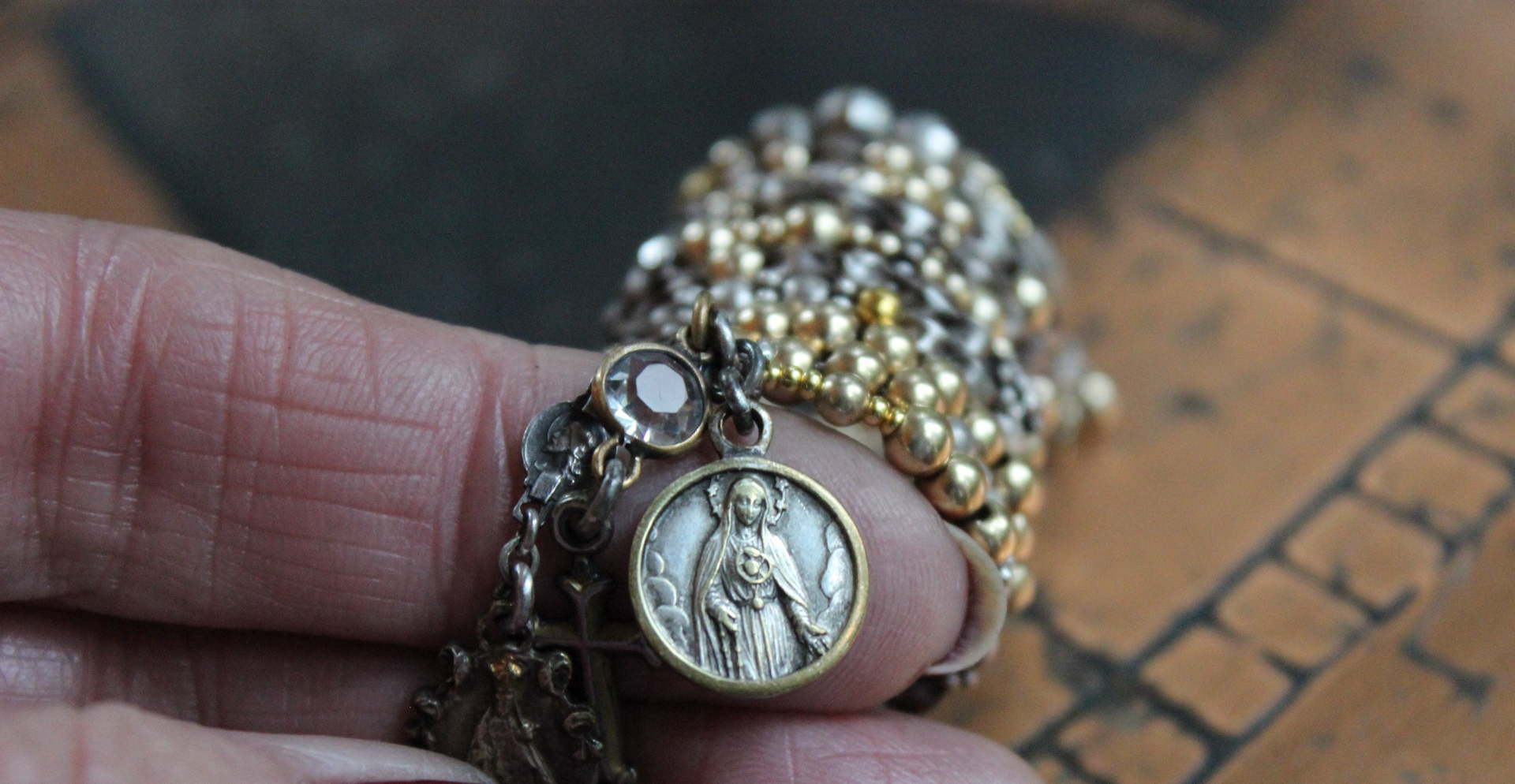 Wide 10 Coil Ring with 14K and Sterling Beads, Antique French Sacred Heart of Mary and Jesus Medals, Antique Sterling Cross & More!