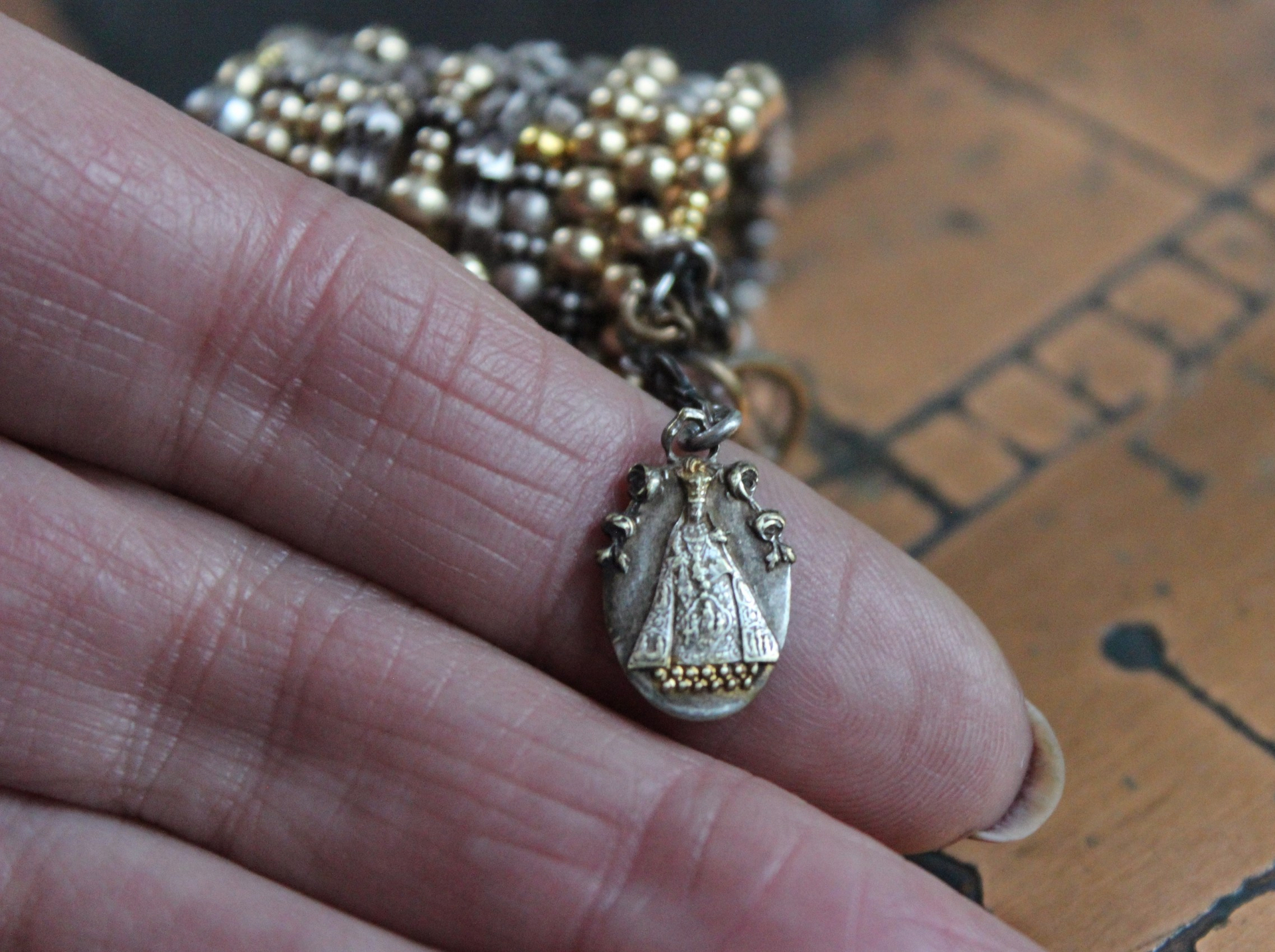 Wide 10 Coil Ring with 14K and Sterling Beads, Antique French Sacred Heart of Mary and Jesus Medals, Antique Sterling Cross & More!