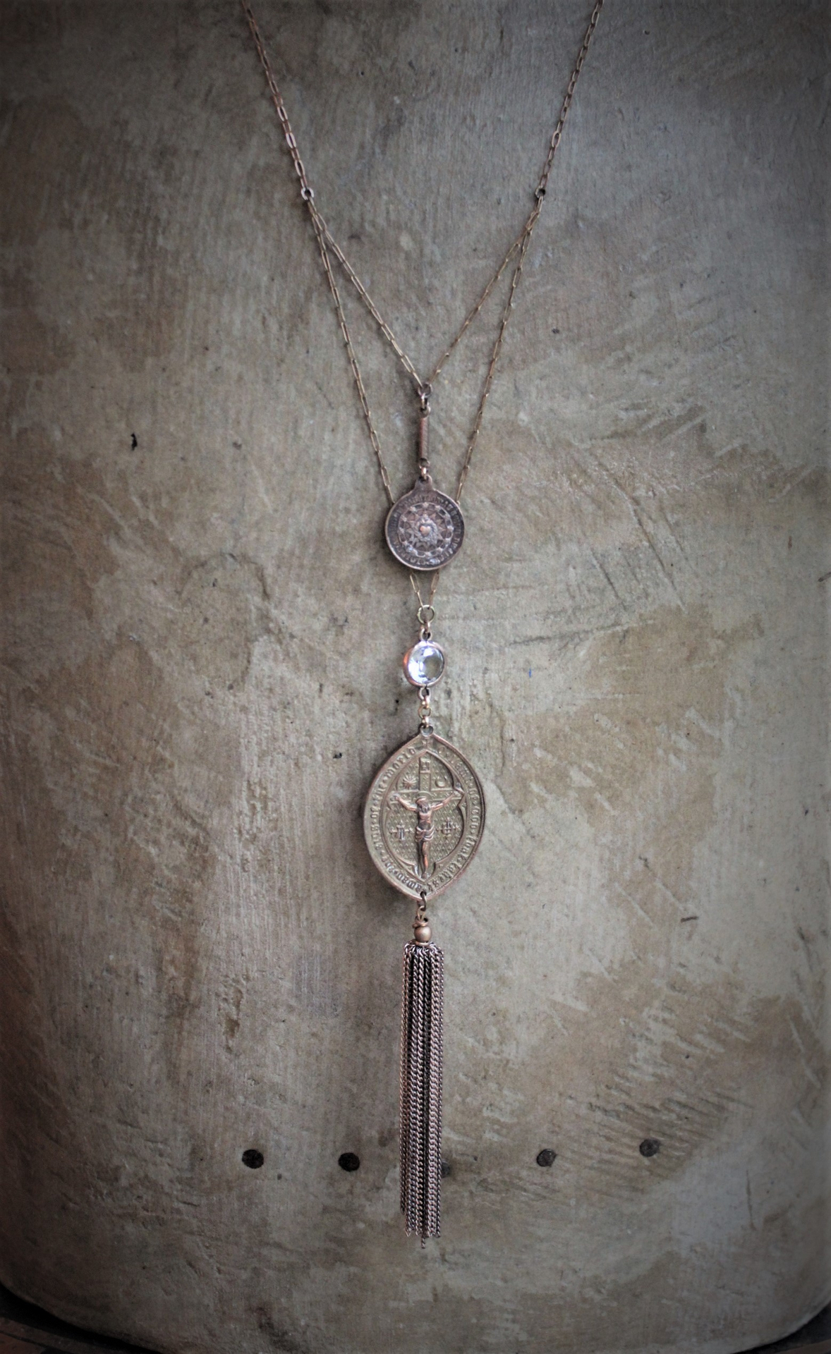 Agnes Dei & Chalice Necklace with RARE 1826 Rose Bronze Medal, Antique French Rose Bronze Sacred Heart Medal, Antique Bezel Set Rock Crystal Connector & Chain Tassel