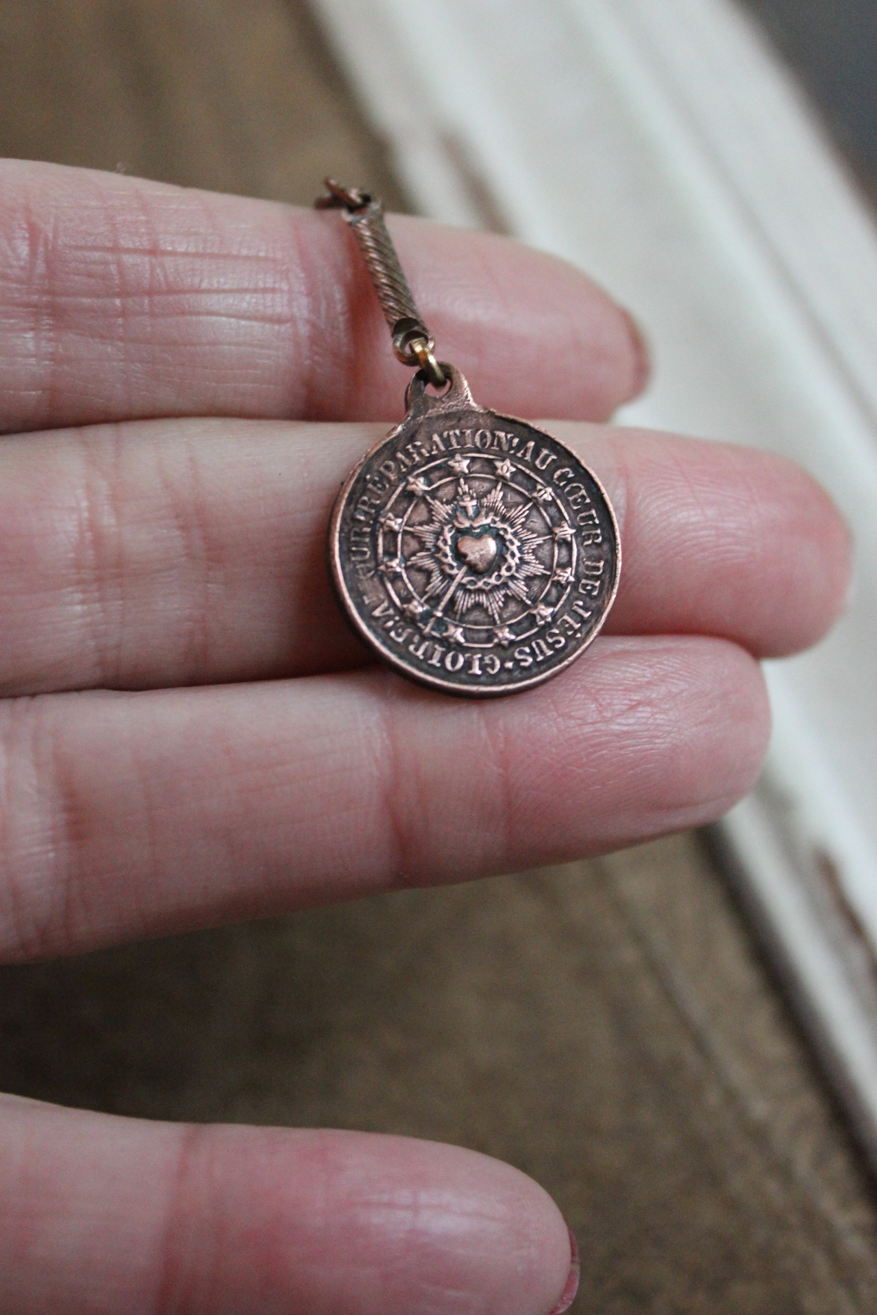 Agnes Dei & Chalice Necklace with RARE 1826 Rose Bronze Medal, Antique French Rose Bronze Sacred Heart Medal, Antique Bezel Set Rock Crystal Connector & Chain Tassel