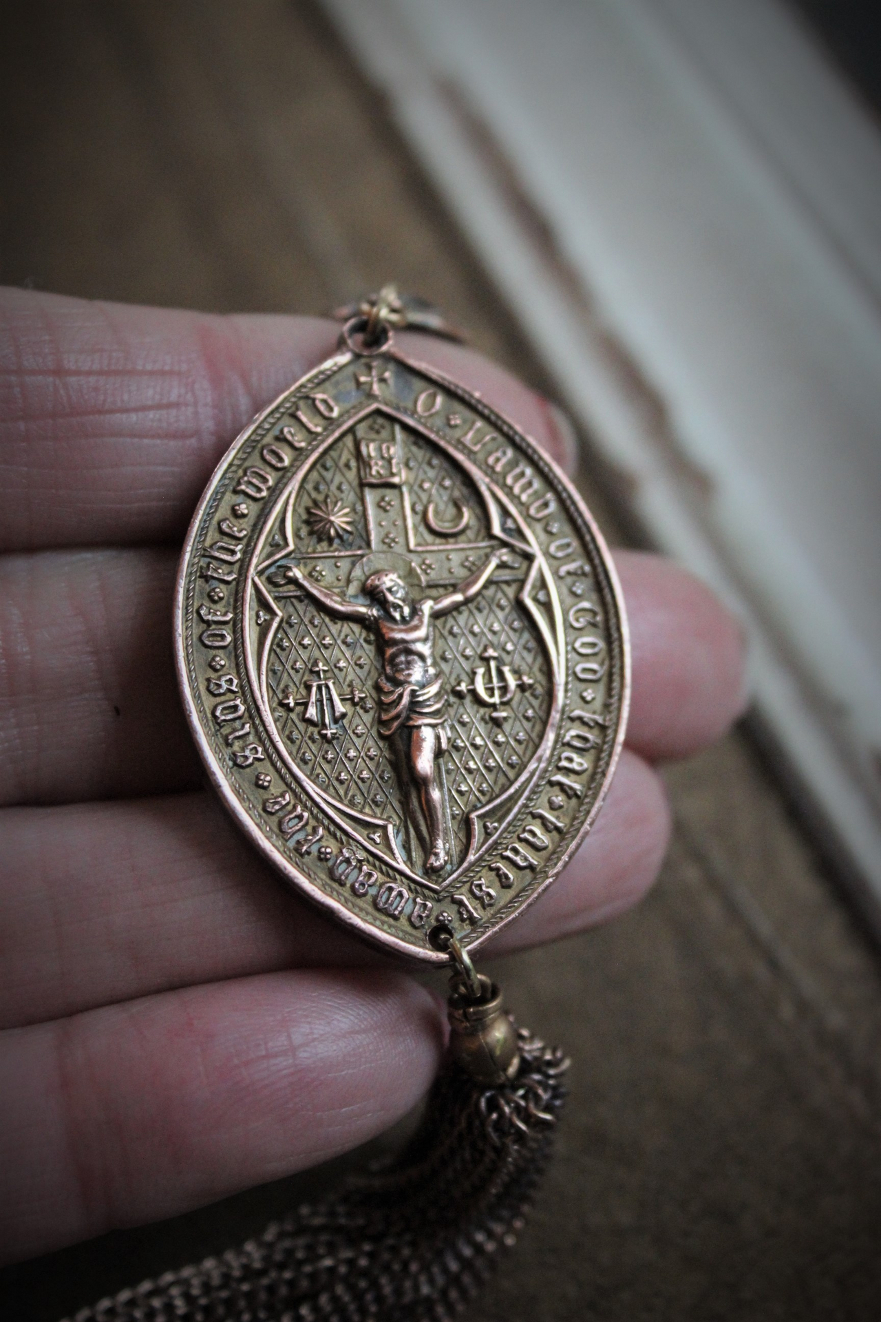 Agnes Dei & Chalice Necklace with RARE 1826 Rose Bronze Medal, Antique French Rose Bronze Sacred Heart Medal, Antique Bezel Set Rock Crystal Connector & Chain Tassel