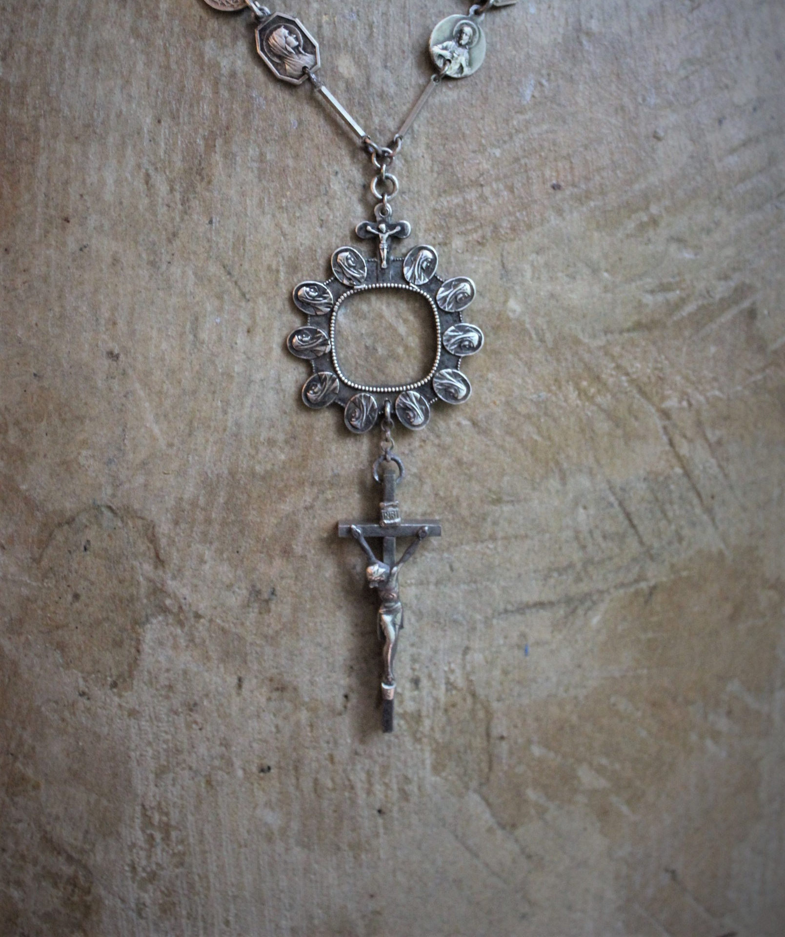 NEW! Antique French Medal Chain Necklace with Rare Antique Sterling Thumb Rosary & Crucifix