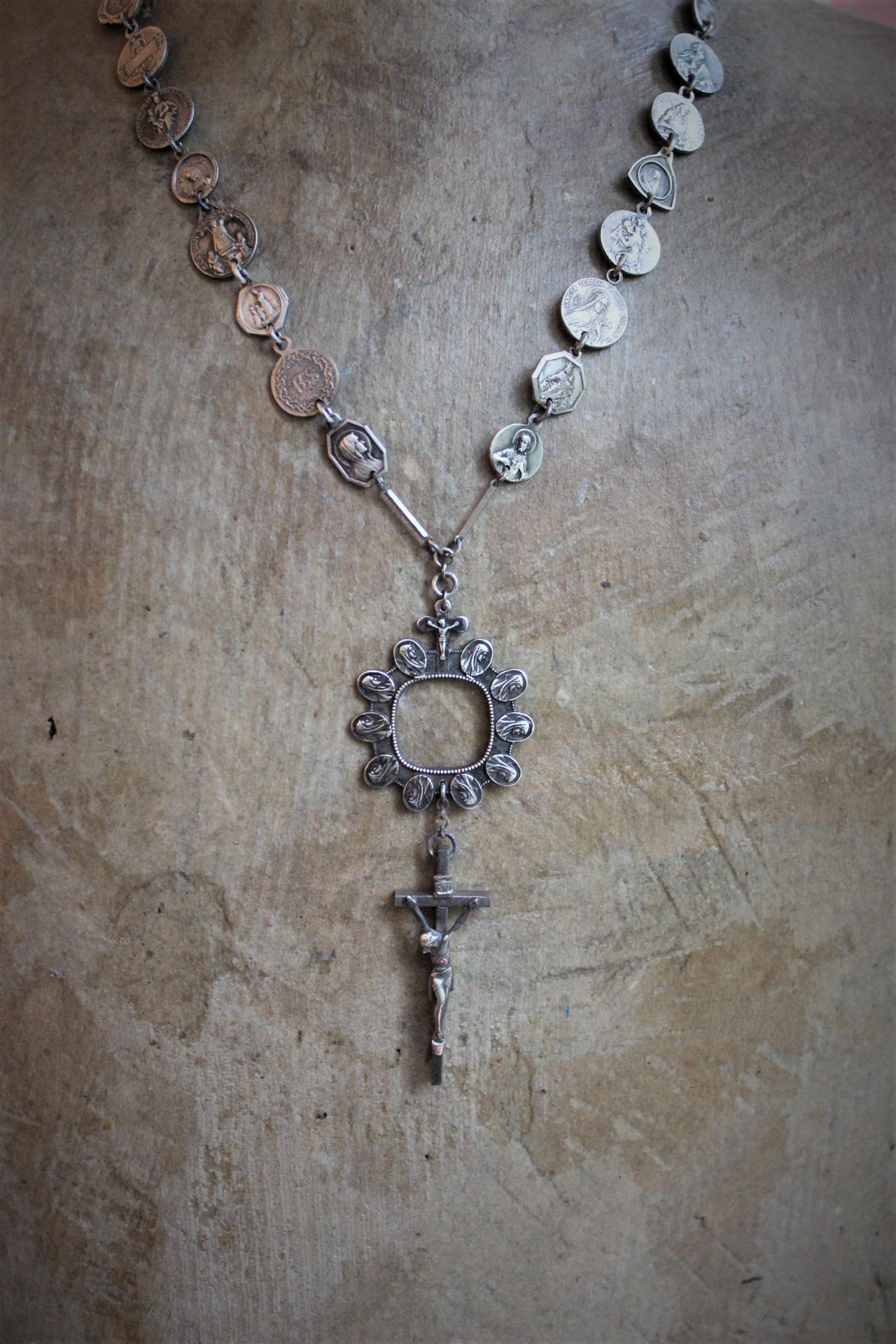 NEW! Antique French Medal Chain Necklace with Rare Antique Sterling Thumb Rosary & Crucifix