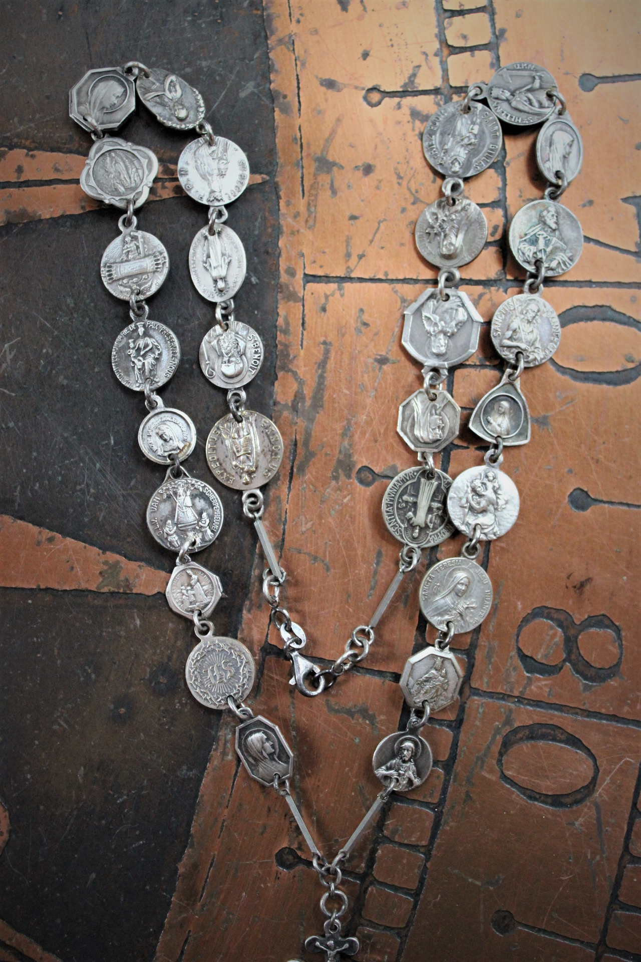 NEW! Antique French Medal Chain Necklace with Rare Antique Sterling Thumb Rosary & Crucifix