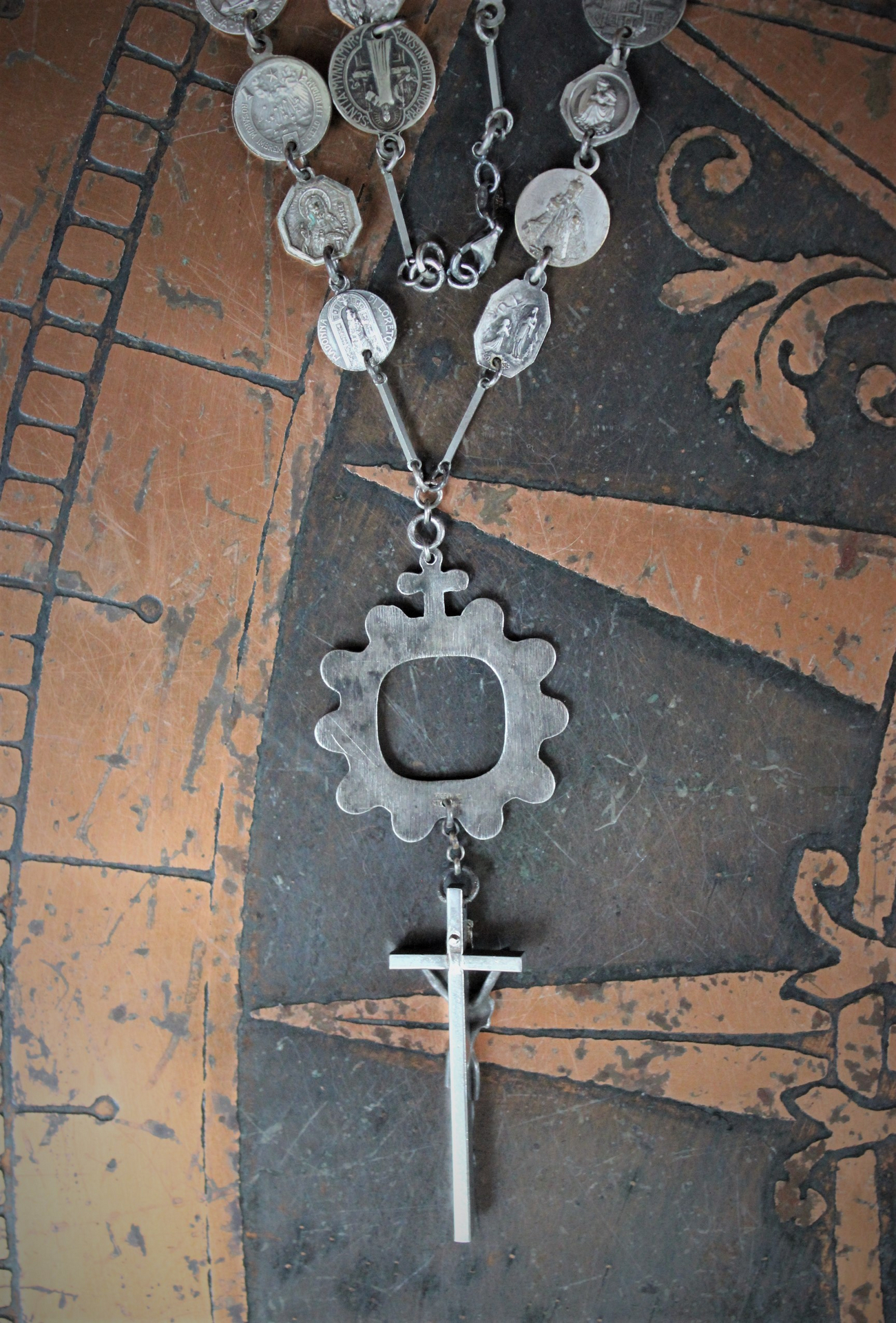NEW! Antique French Medal Chain Necklace with Rare Antique Sterling Thumb Rosary & Crucifix