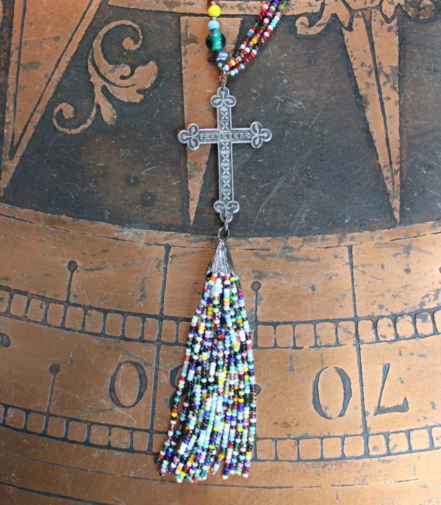 The Best Colors Necklace with Handstrung Multi Strand Seed Bead Chain,Perseverance Cross,Seed Bead Tassel,Antique Fleur de Lis Button