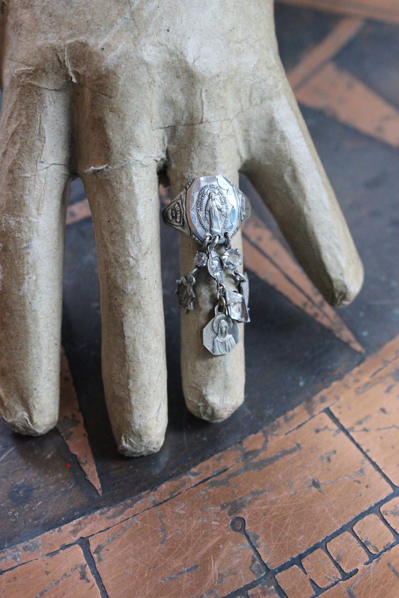 Antique Sterling Marian Ring Set with Miniature Antique French Medals & Antique Art Deco Faceted Rock Crystal Drops