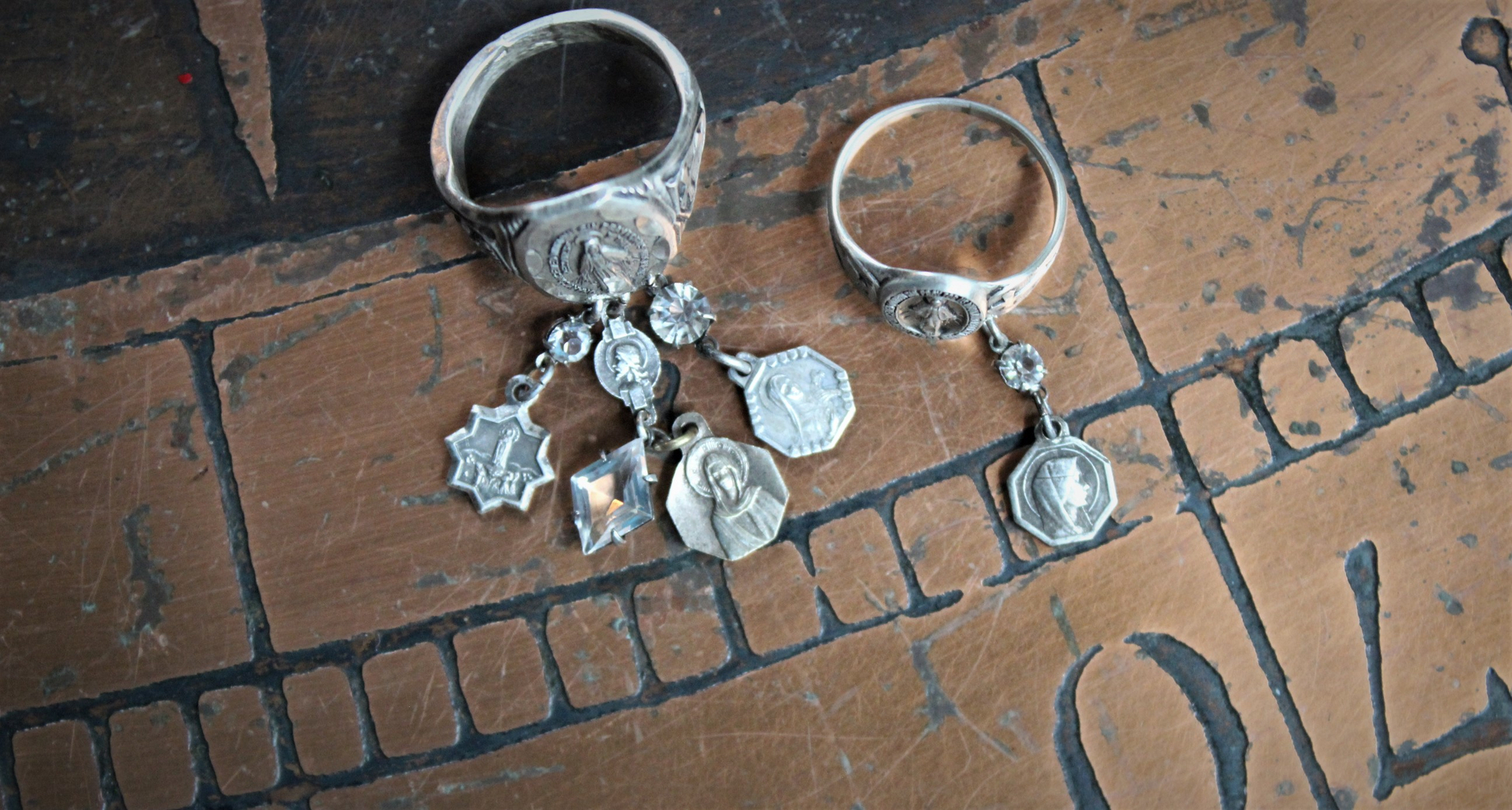 Antique Sterling Marian Ring Set with Miniature Antique French Medals & Antique Art Deco Faceted Rock Crystal Drops