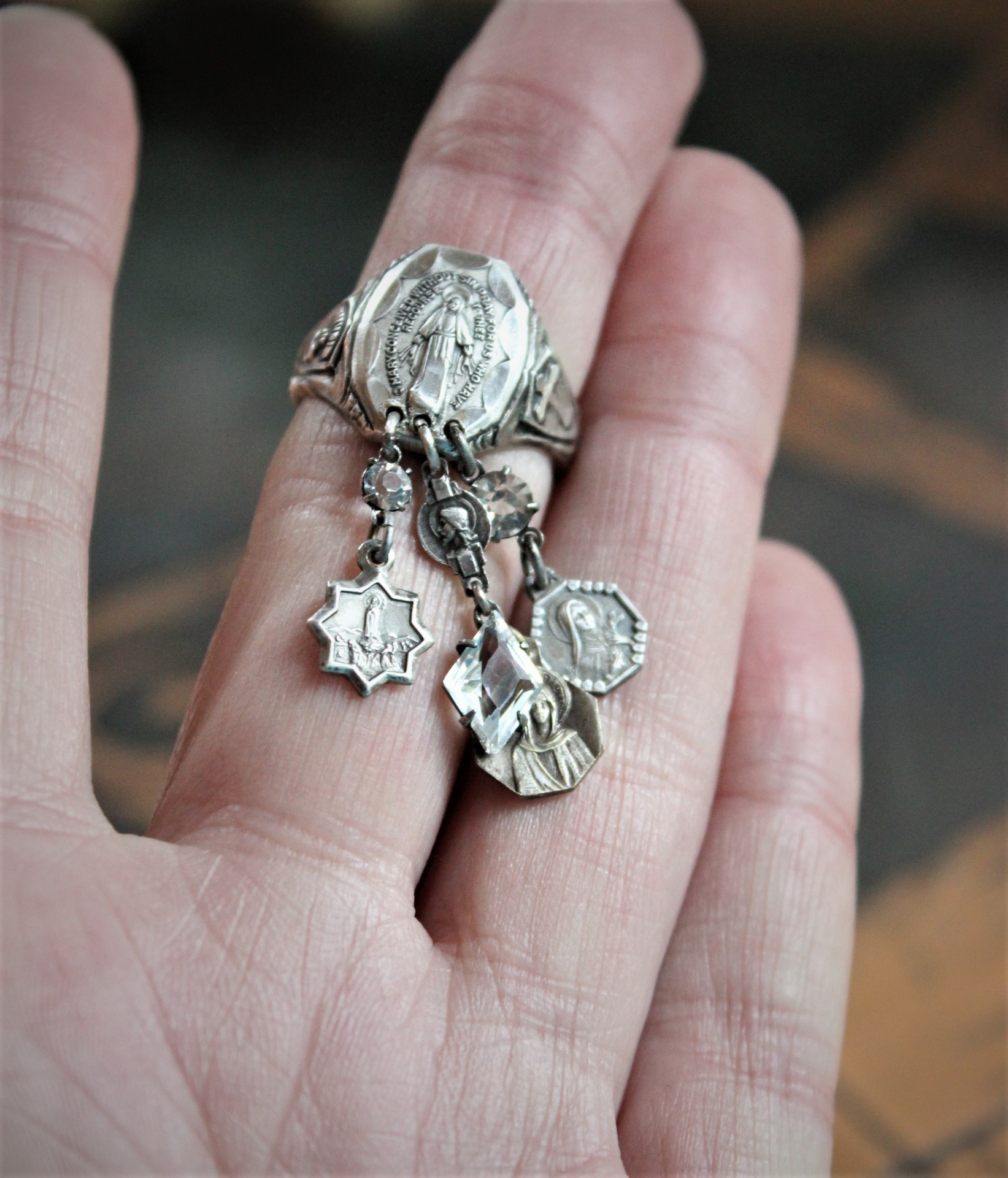 Antique Sterling Marian Ring Set with Miniature Antique French Medals & Antique Art Deco Faceted Rock Crystal Drops