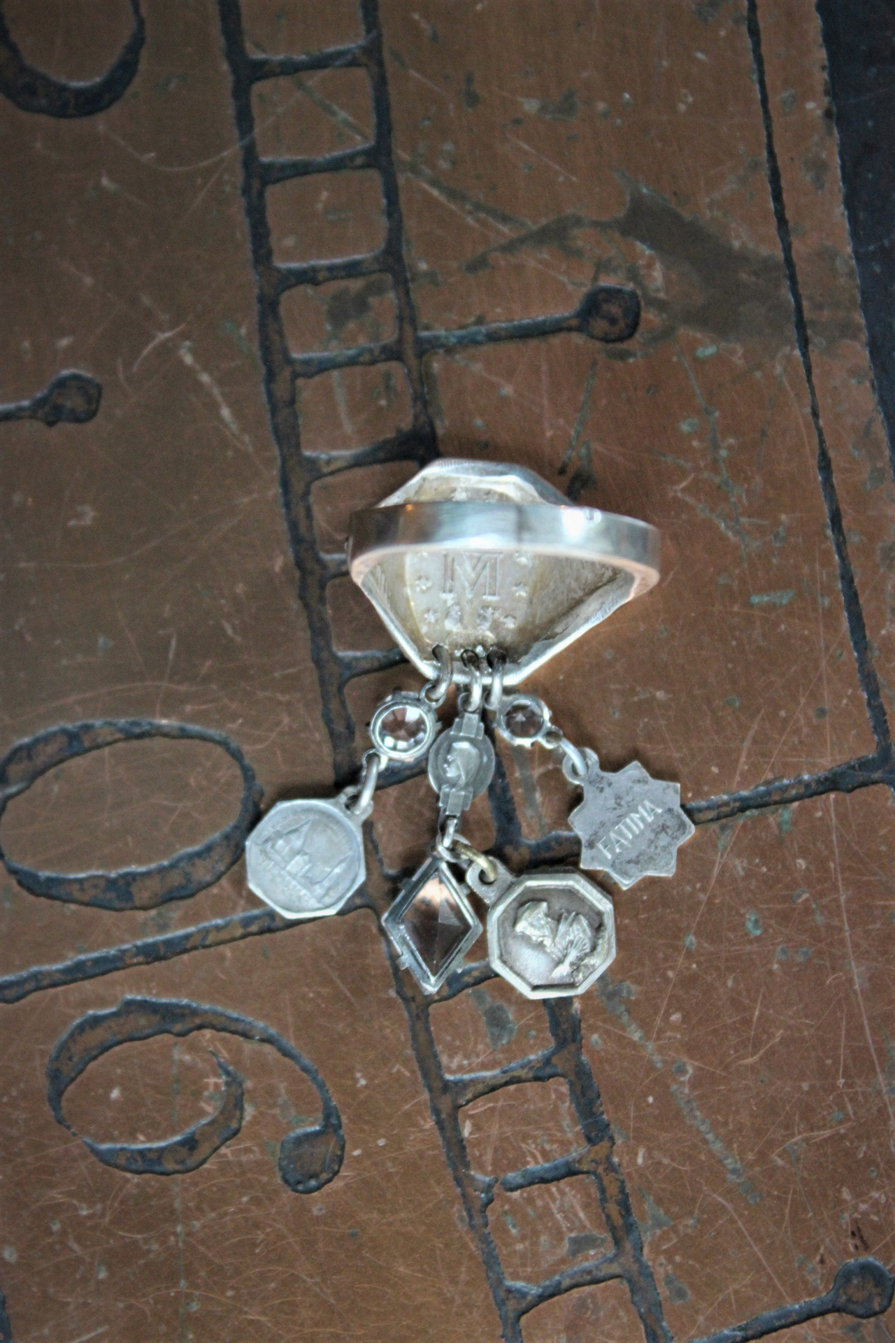 Antique Sterling Marian Ring Set with Miniature Antique French Medals & Antique Art Deco Faceted Rock Crystal Drops