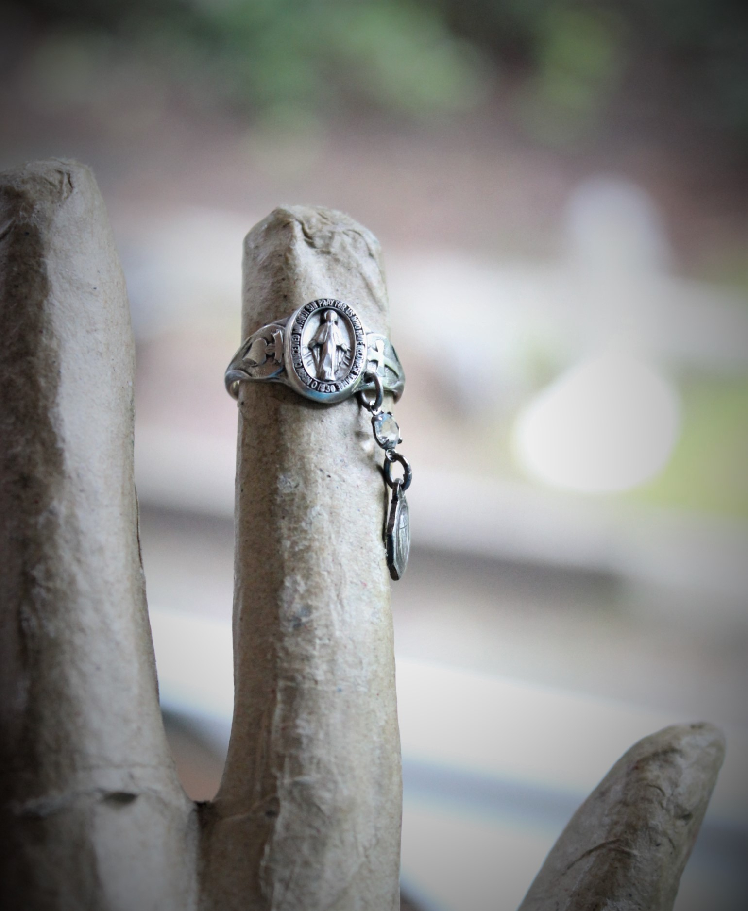 Antique Sterling Marian Ring Set with Miniature Antique French Medals & Antique Art Deco Faceted Rock Crystal Drops