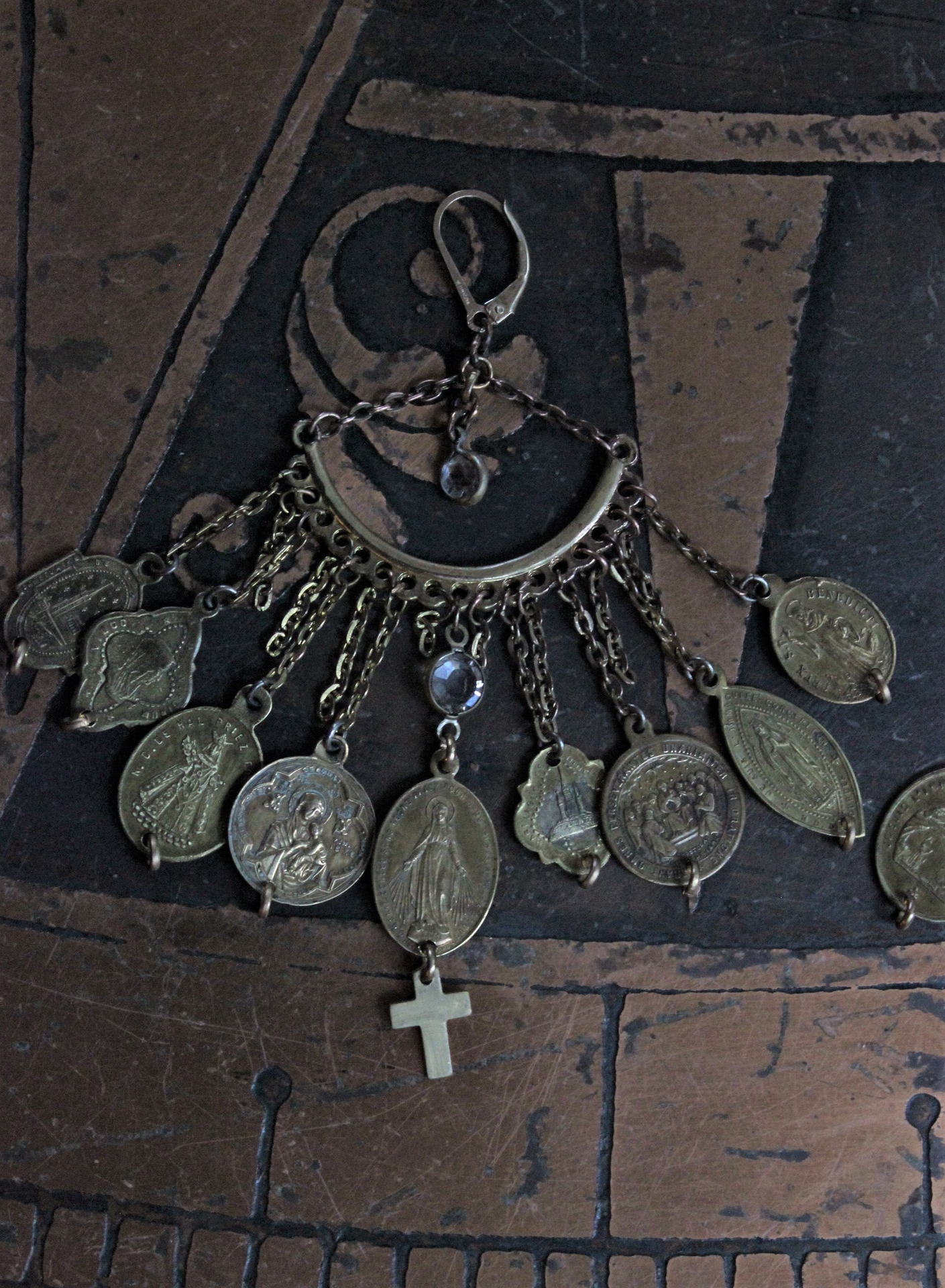 Antique French Medals Dangle Earrings with 18 Medals, Faceted Crystal Drops, Vintage Chains and Gold Fill Leverback Earring Wires