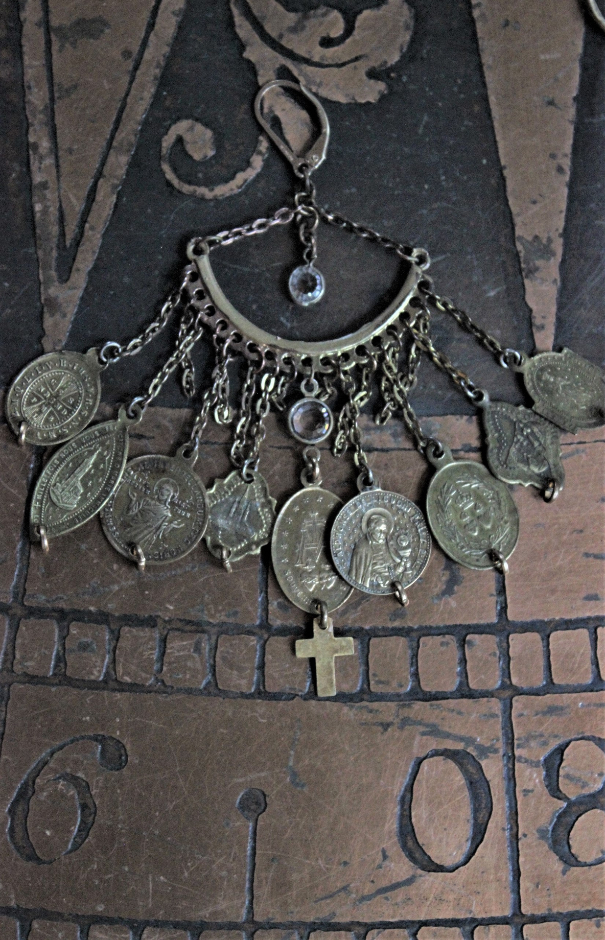 Antique French Medals Dangle Earrings with 18 Medals, Faceted Crystal Drops, Vintage Chains and Gold Fill Leverback Earring Wires