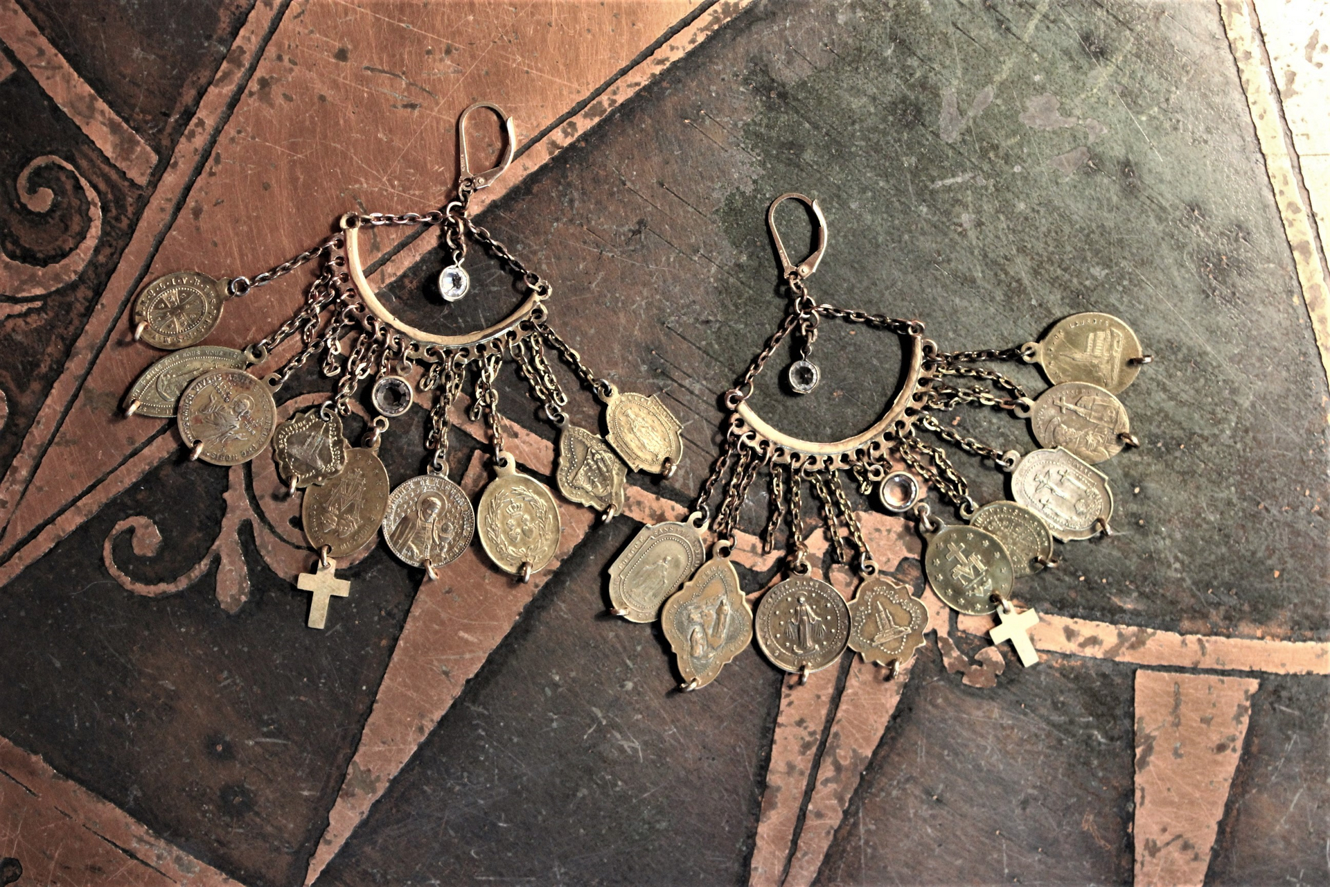 Antique French Medals Dangle Earrings with 18 Medals, Faceted Crystal Drops, Vintage Chains and Gold Fill Leverback Earring Wires