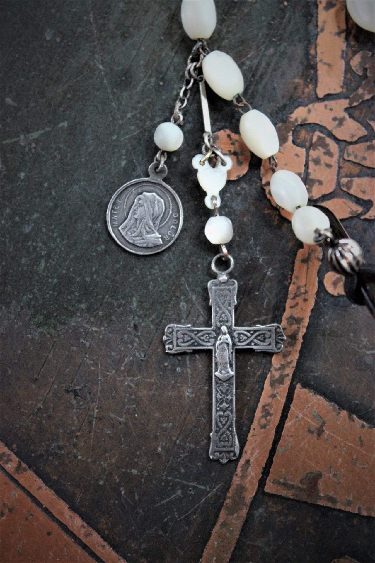 Antique French Mother of Pearl Rosary Bead Eyeglass Chain with Marian Cross & Mater Dolorosa Medal