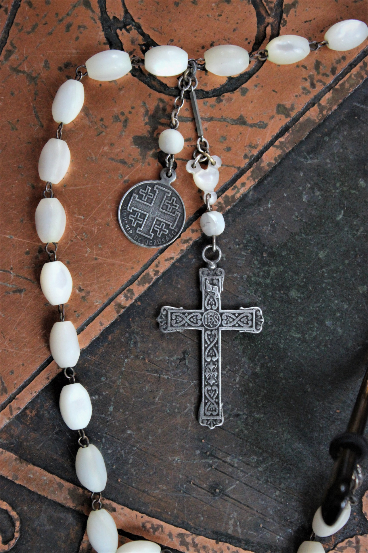 Antique French Mother of Pearl Rosary Bead Eyeglass Chain with Marian Cross & Mater Dolorosa Medal