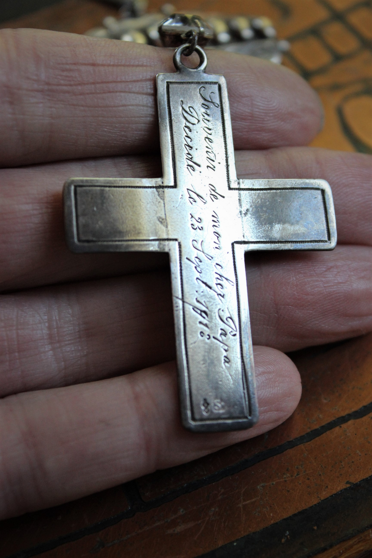 Antique Sterling Engraved Cross Necklace with Antique Sterling English Brooch Finding,Antique Sterling Crosses,Sterling Chain,Antique Faceted Crystal Connector