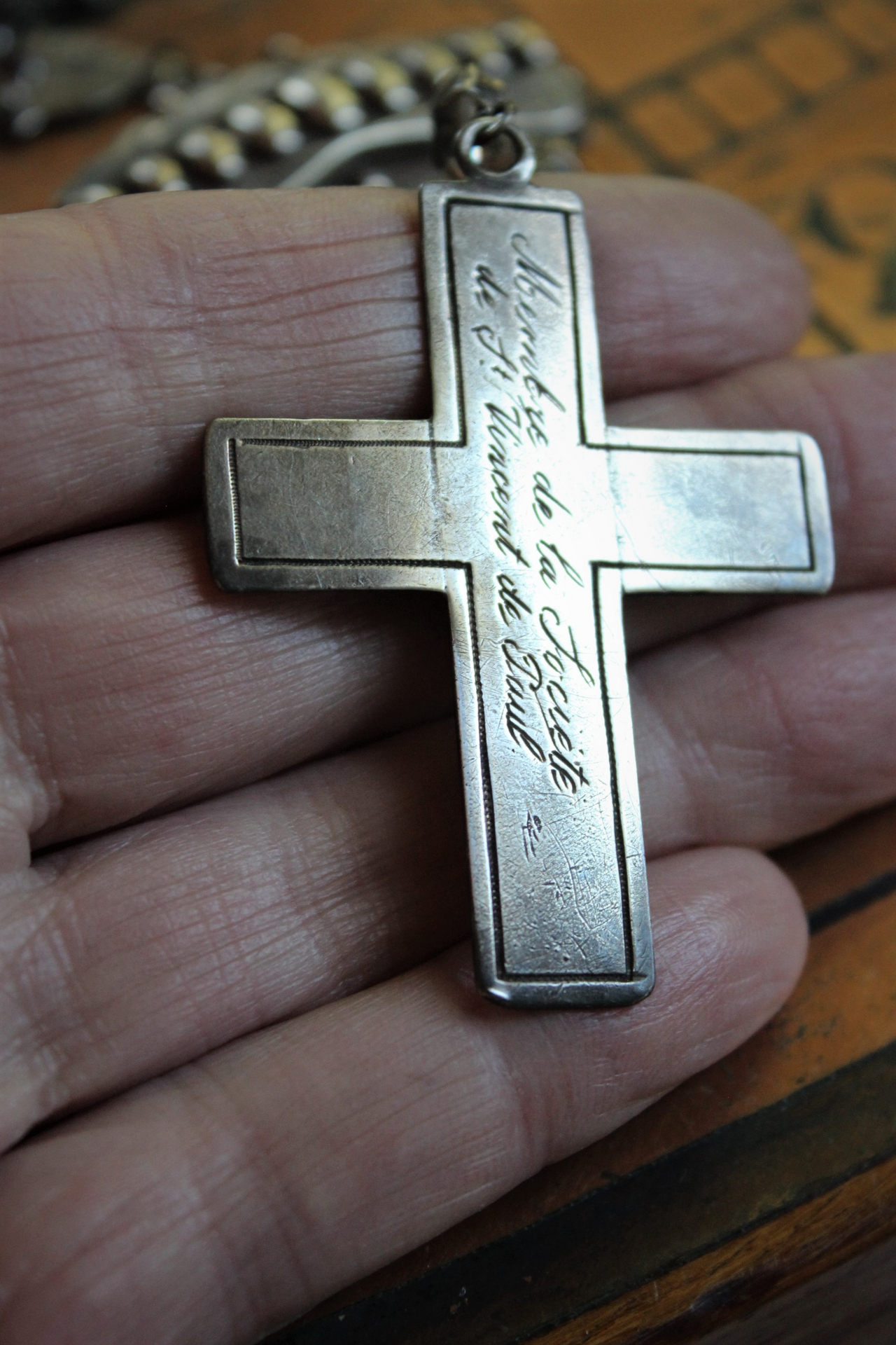 Antique Sterling Engraved Cross Necklace with Antique Sterling English Brooch Finding,Antique Sterling Crosses,Sterling Chain,Antique Faceted Crystal Connector