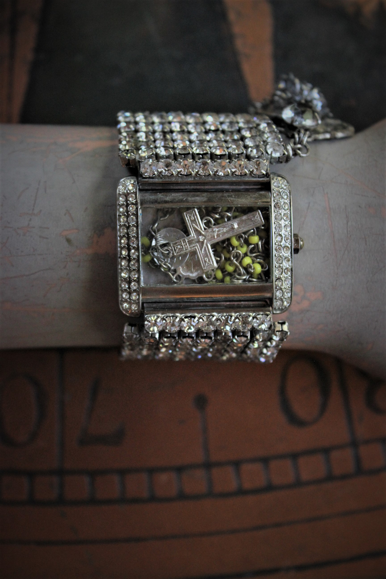 Sold to L Time for Prayer Bracelet with Tiny Antique French Rosary, Sculptural Sterling Saint Christopher Medal,Antique French Marian Medal & Sterling Faceted Diamante Tassel