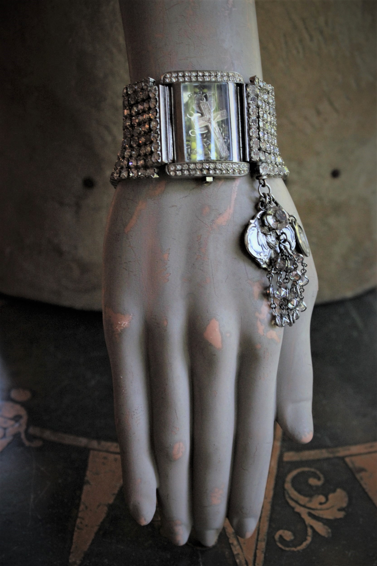 Sold to L Time for Prayer Bracelet with Tiny Antique French Rosary, Sculptural Sterling Saint Christopher Medal,Antique French Marian Medal & Sterling Faceted Diamante Tassel