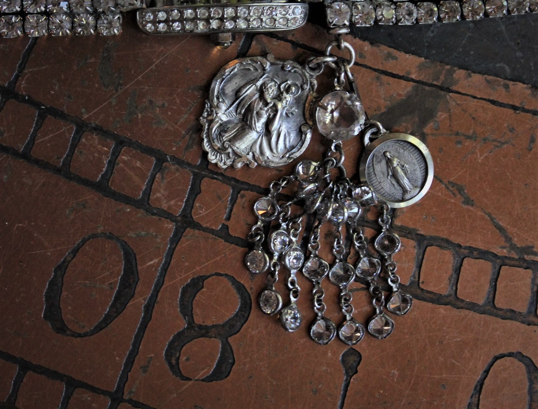 Sold to L Time for Prayer Bracelet with Tiny Antique French Rosary, Sculptural Sterling Saint Christopher Medal,Antique French Marian Medal & Sterling Faceted Diamante Tassel