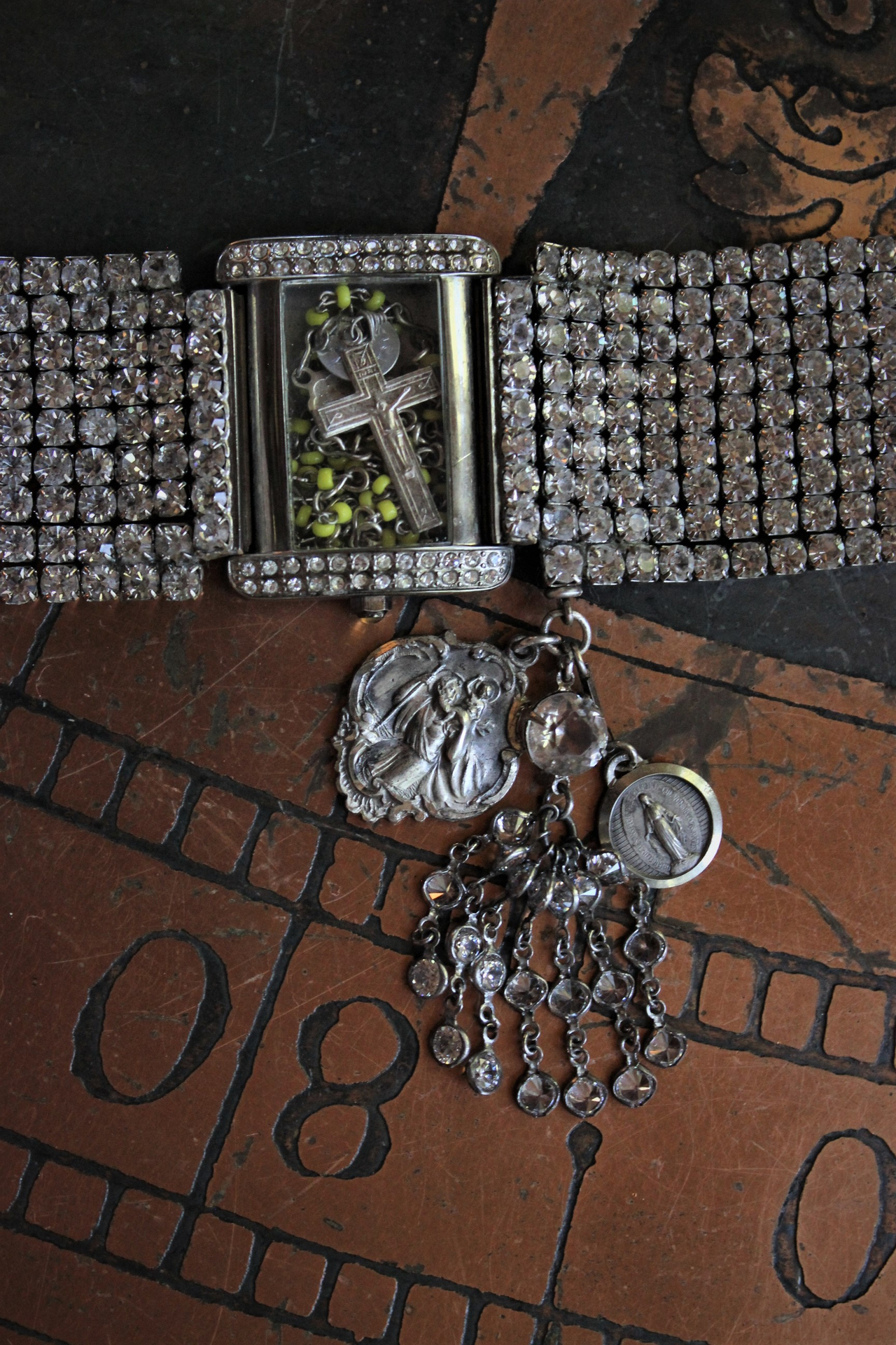 Sold to L Time for Prayer Bracelet with Tiny Antique French Rosary, Sculptural Sterling Saint Christopher Medal,Antique French Marian Medal & Sterling Faceted Diamante Tassel